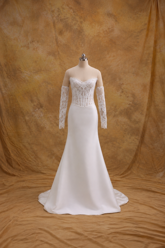 Kimberley Lace Corset & Satin Fit and Flare Skirt Wedding Gown Set | Bone and Grey Bridal | Affordable Simple Bridal Gowns Online Canada USA Singapore | Bone and Grey Bridal | Affordable Simple Bridal Gowns Online Canada USA Singapore