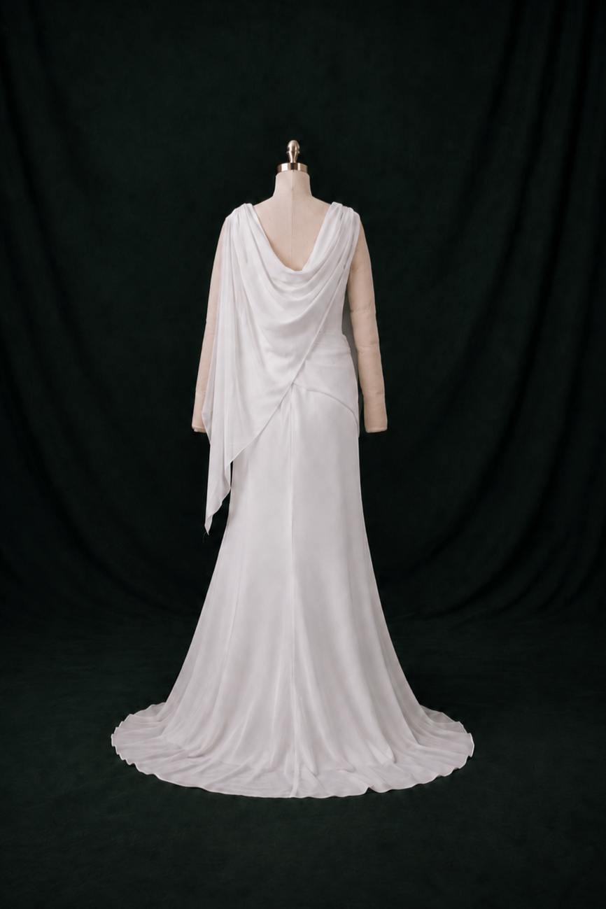 Laney Chiffon Cowl Column Wedding Gown | Bone and Grey Bridal | Affordable Simple Bridal Gowns Online Canada USA Singapore