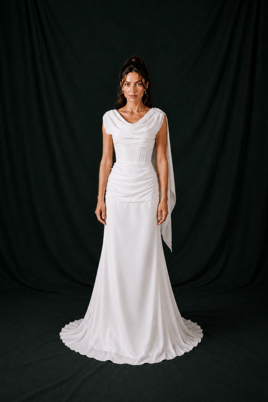 Laney Chiffon Cowl Column Wedding Gown | Bone and Grey Bridal | Affordable Simple Bridal Gowns Online Canada USA Singapore