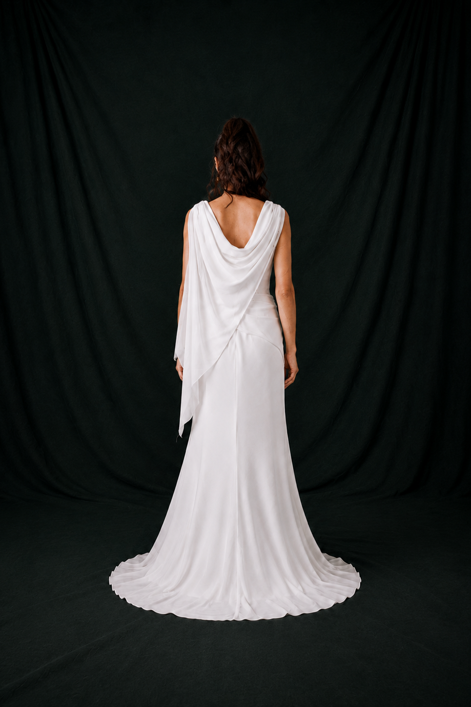 Laney Chiffon Cowl Column Wedding Gown | Bone and Grey Bridal | Affordable Simple Bridal Gowns Online Canada USA Singapore