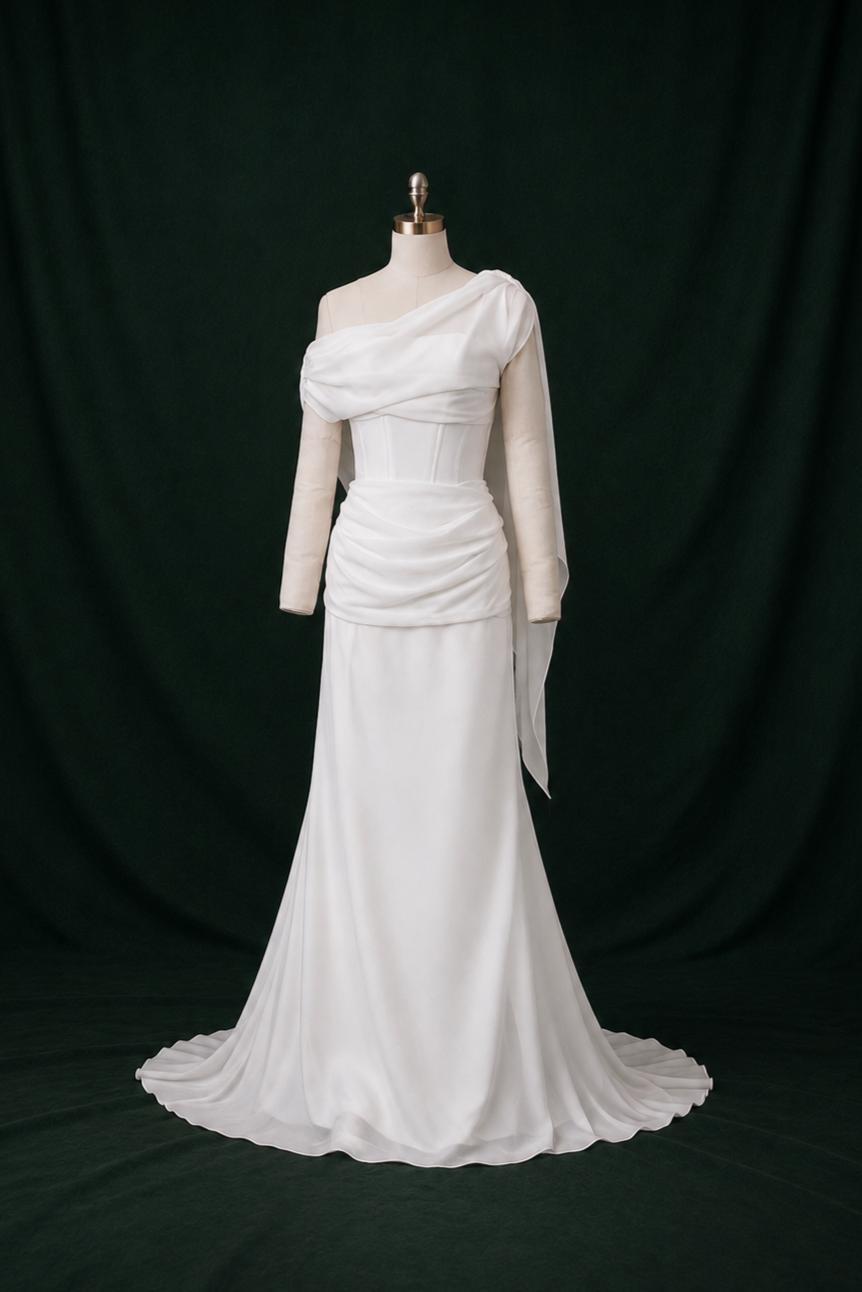 Laney Chiffon Cowl Column Wedding Gown | Bone and Grey Bridal | Affordable Simple Bridal Gowns Online Canada USA Singapore