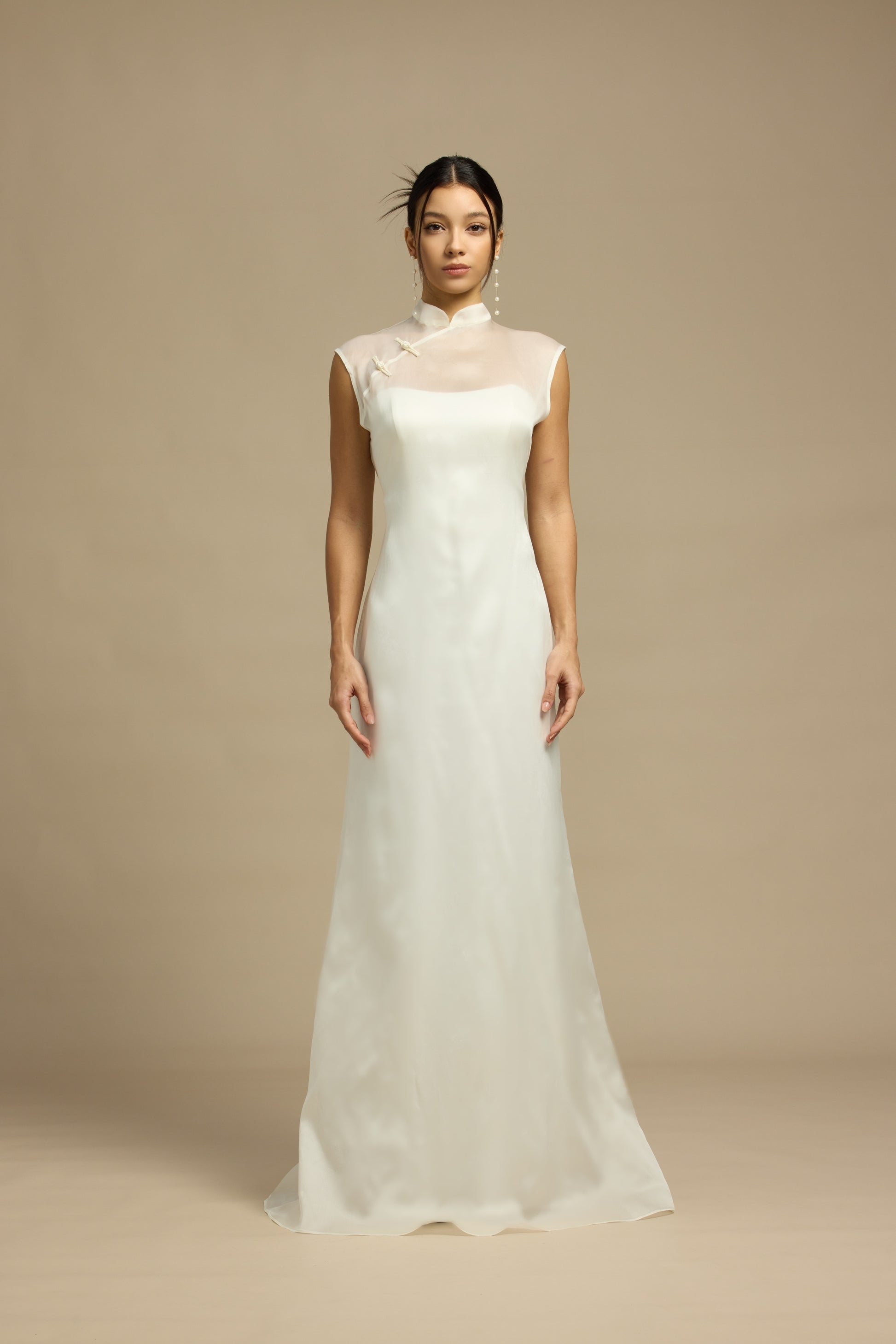 Lily 2-Piece Minimalist Sweetheart Column Wedding Dress with Qipao Cheongsam Mandarin Collar Mulberry Silk Overlay | Bone and Grey Bridal | Affordable Minimal Simple Bridal Gowns Online Canada USA Singapore
