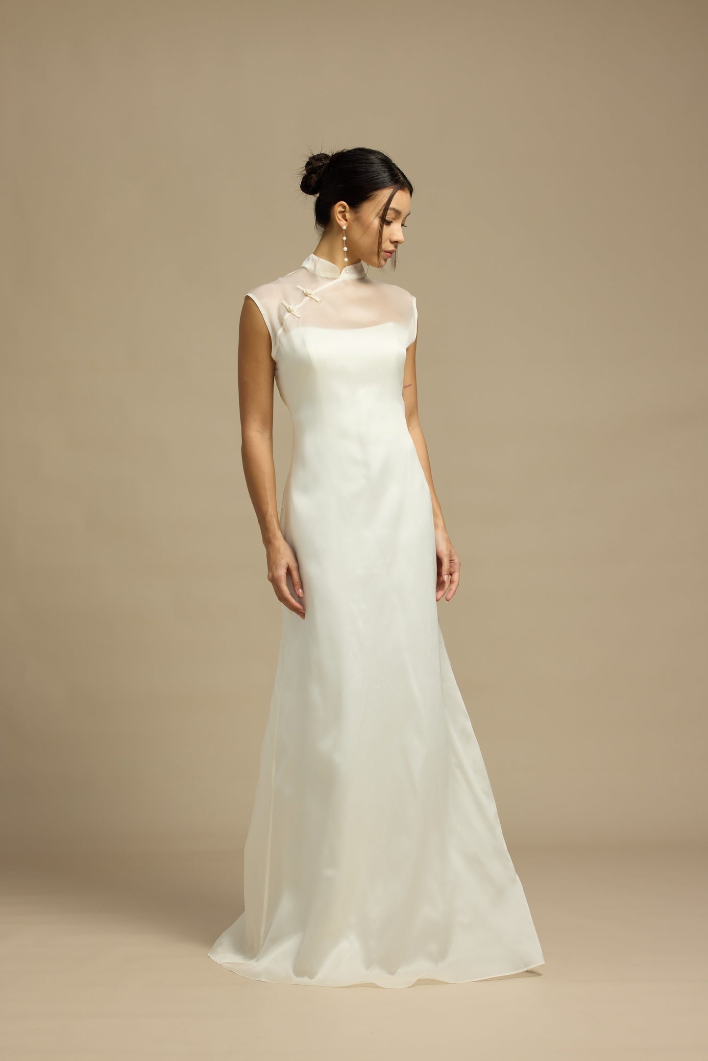 Lily 2-Piece Minimalist Sweetheart Column Wedding Dress with Qipao Cheongsam Mandarin Collar Mulberry Silk Overlay | Bone and Grey Bridal | Affordable Minimal Simple Bridal Gowns Online Canada USA Singapore