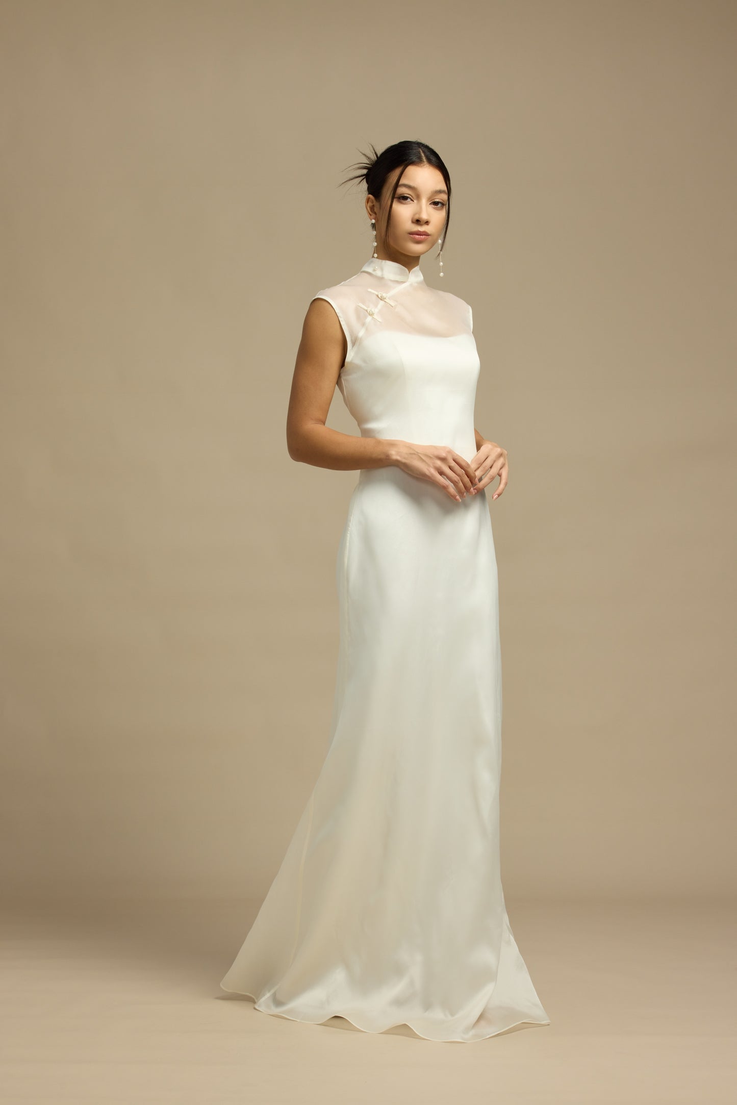 Lily 2-Piece Minimalist Sweetheart Column Wedding Dress with Qipao Cheongsam Mandarin Collar Mulberry Silk Overlay | Bone and Grey Bridal | Affordable Minimal Simple Bridal Gowns Online Canada USA Singapore