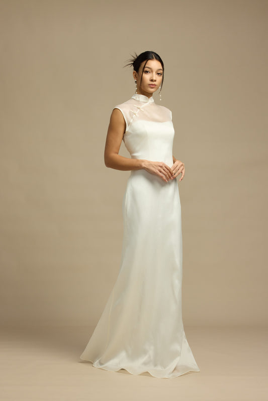 Lily 2-Piece Minimalist Sweetheart Column Wedding Dress with Qipao Cheongsam Mandarin Collar Mulberry Silk Overlay | Bone and Grey Bridal | Affordable Minimal Simple Bridal Gowns Online Canada USA Singapore