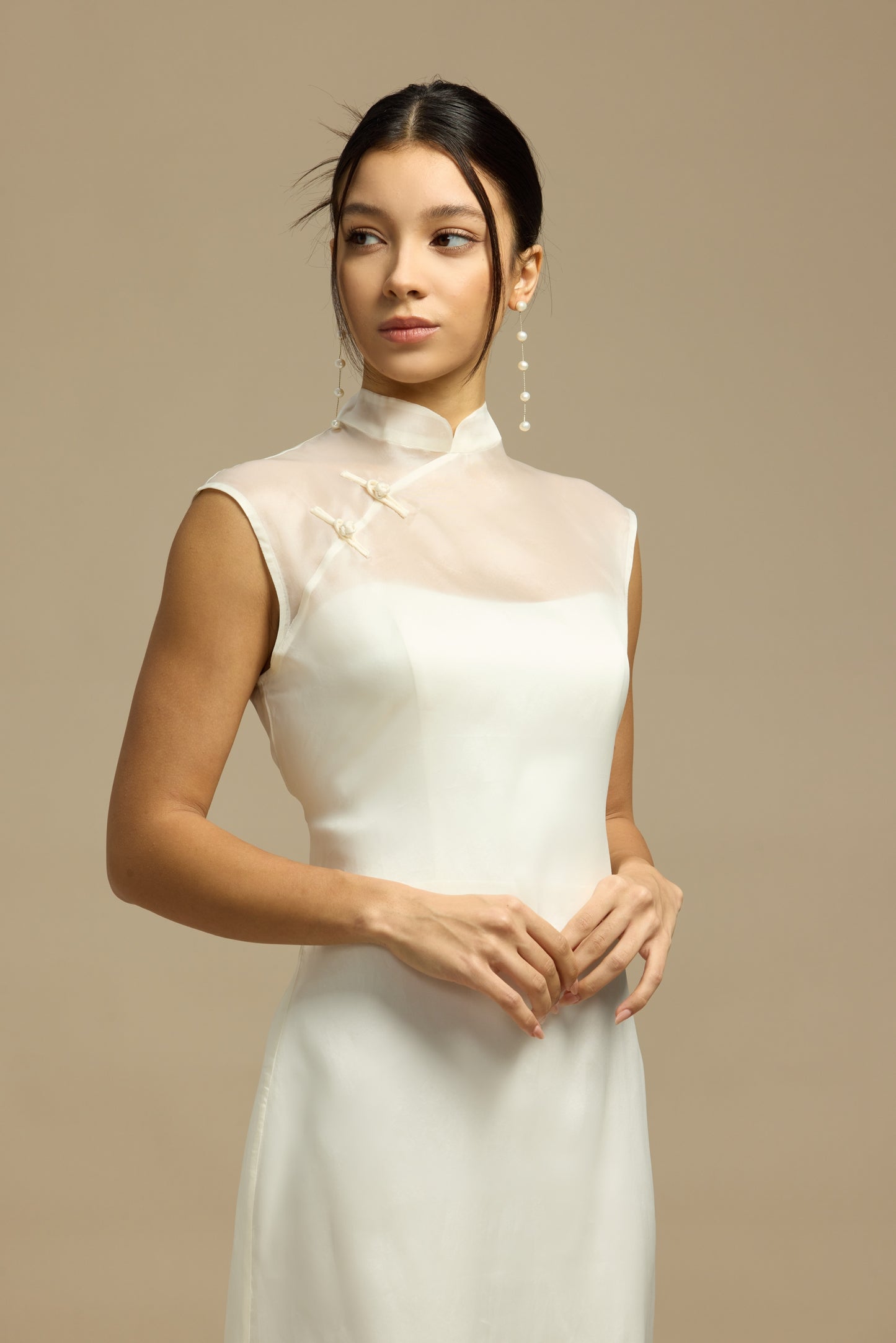 Lily 2-Piece Minimalist Sweetheart Column Wedding Dress with Qipao Cheongsam Mandarin Collar Mulberry Silk Overlay | Bone and Grey Bridal | Affordable Minimal Simple Bridal Gowns Online Canada USA Singapore