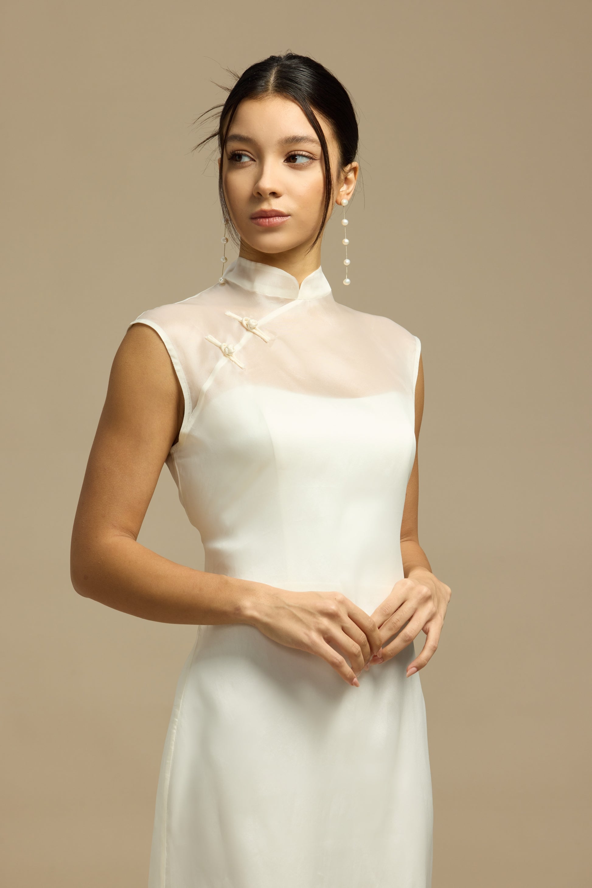 Lily 2-Piece Minimalist Sweetheart Column Wedding Dress with Qipao Cheongsam Mandarin Collar Mulberry Silk Overlay | Bone and Grey Bridal | Affordable Minimal Simple Bridal Gowns Online Canada USA Singapore
