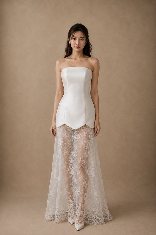 Luna Scalloped Mini Dress with Lace Skirt | Bone & Grey Bridal | Wedding Convertible Afterparty Mini Dresses Online Canada USA Australia UK Singapore