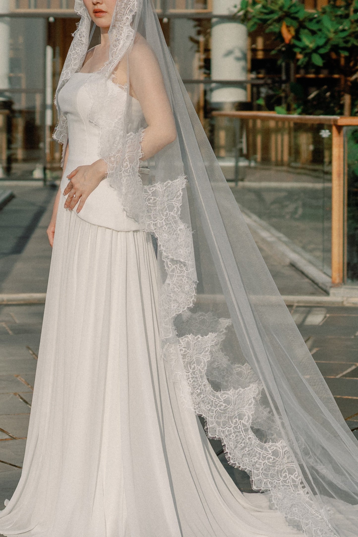Maria Lace Cathedral Mantilla Tulle Bridal Veil | Bone and Grey Bridal Accessories | Wedding Veils Online Singapore Canada US Fast-Shipping Veils for Brides