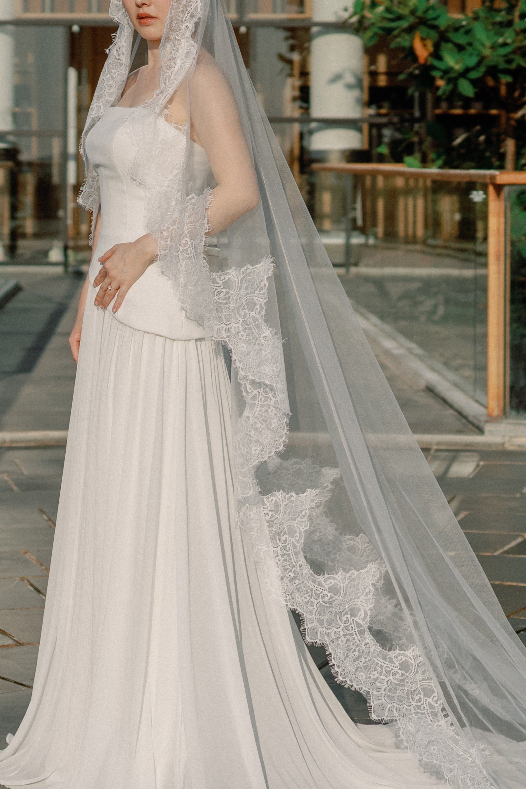 Maria Lace Cathedral Mantilla Tulle Bridal Veil | Bone and Grey Bridal Accessories | Wedding Veils Online Singapore Canada US Fast-Shipping Veils for Brides