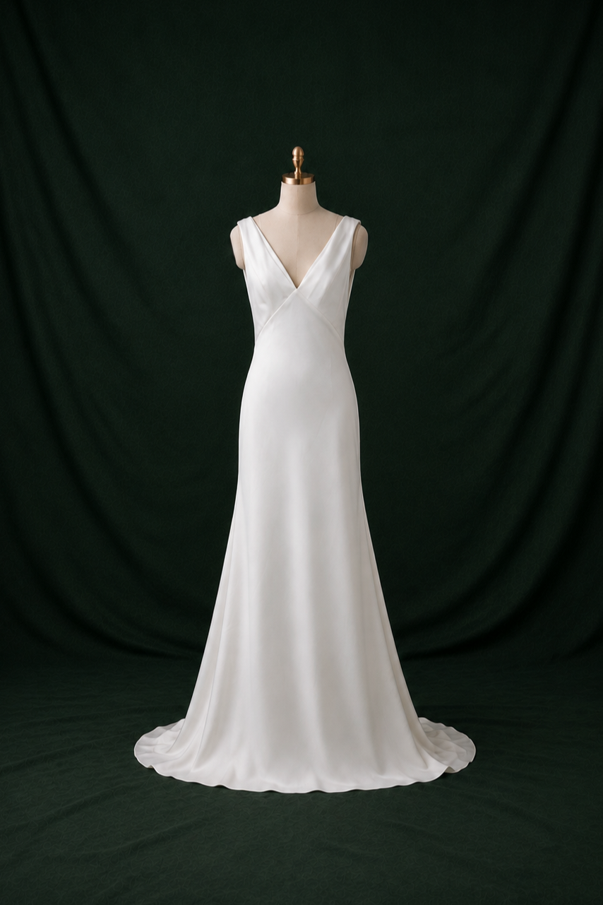 Nina V-Neck Satin Crepe Column Wedding Gown | Bone and Grey Bridal | Affordable Simple Bridal Gowns Online Canada USA Singapore | Bone and Grey Bridal | Affordable Simple Bridal Gowns Online Canada USA Singapore
