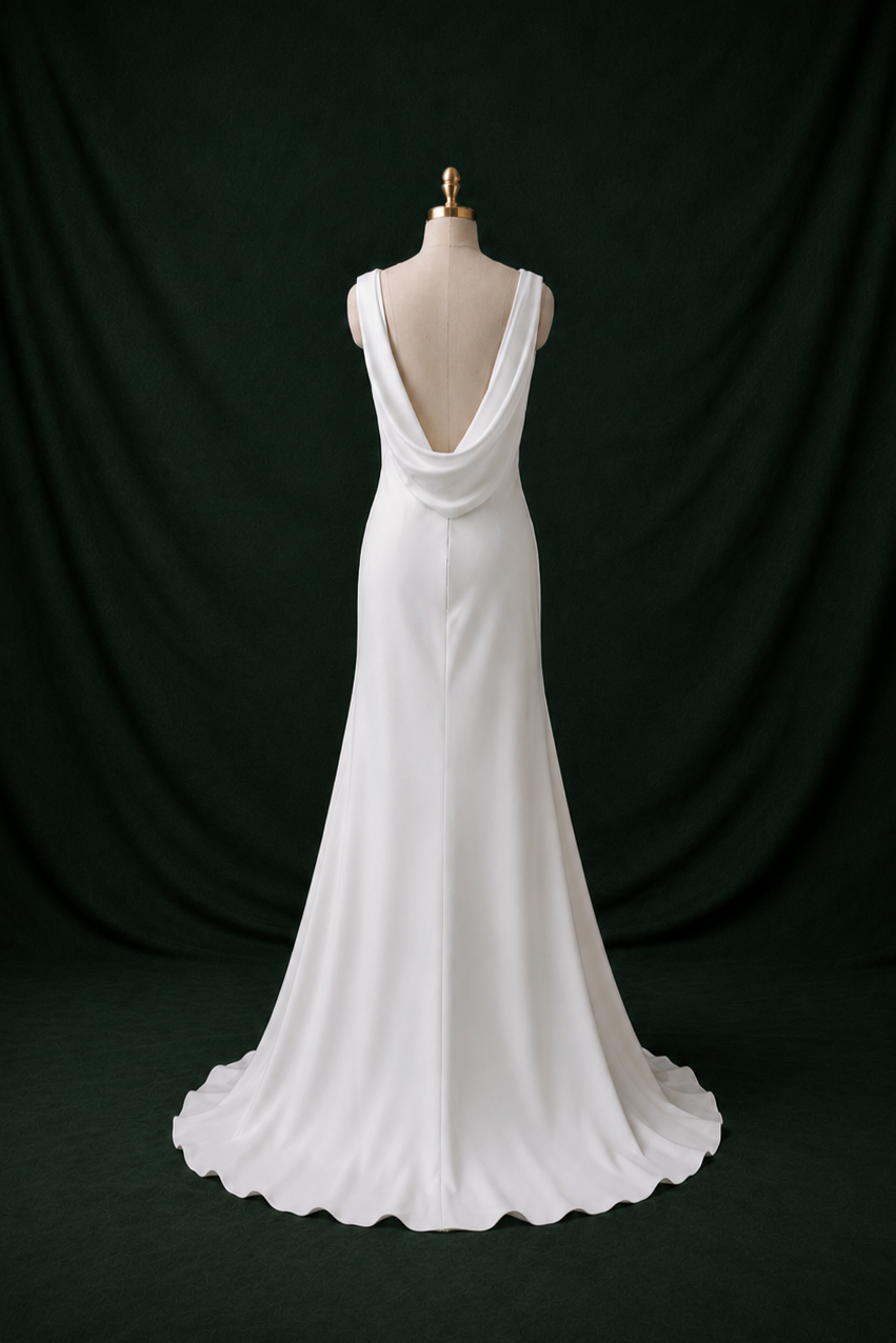 Nina V-Neck Satin Crepe Column Wedding Gown | Bone and Grey Bridal | Affordable Simple Bridal Gowns Online Canada USA Singapore | Bone and Grey Bridal | Affordable Simple Bridal Gowns Online Canada USA Singapore