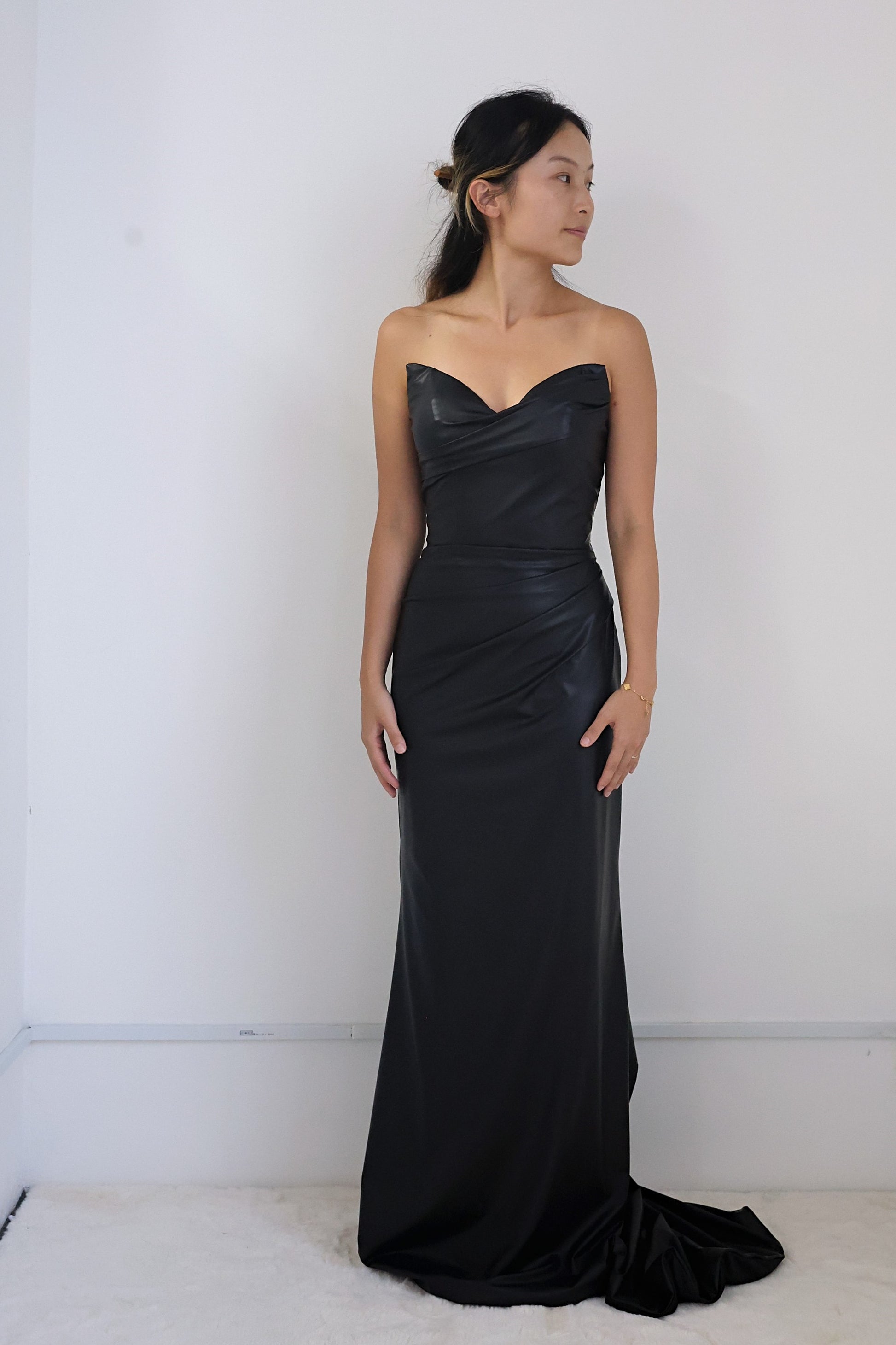 Odette Vegan Black Leather Column Wedding Dress | Bone and Grey Bridal | Affordable Simple Wedding Guest Dress Online Canada Singapore USA Odette Vegan Black Leather Column Wedding Dress | Bone and Grey Bridal | Affordable Simple Wedding Guest Dress Online Canada Singapore USA