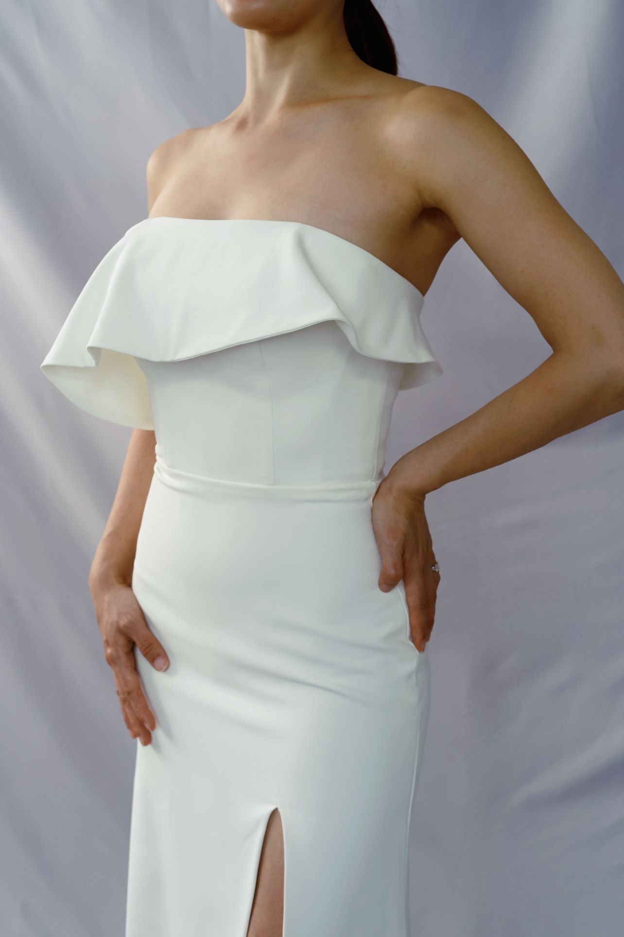 Olivia Frilly Strapless Crepe Minimal Wedding Dress | Column Sheath Skirt with Slit | Bone and Grey Bridal | Minimal wedding dresses online Canada Singapore USA