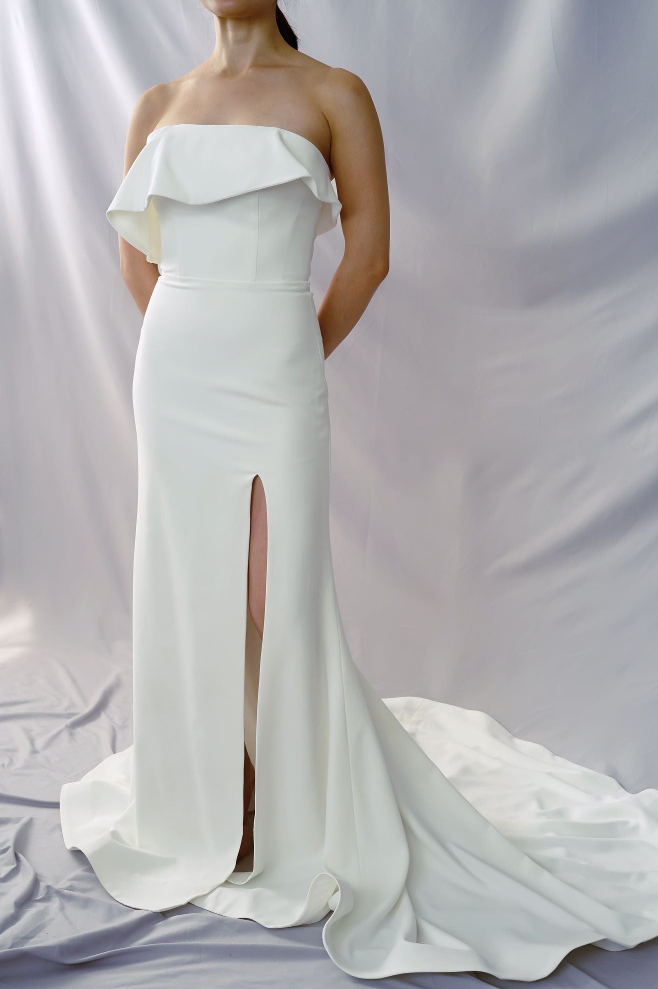 Olivia Frilly Strapless Crepe Minimal Wedding Dress | Column Sheath Skirt with Slit | Bone and Grey Bridal | Minimal wedding dresses online Canada Singapore USA