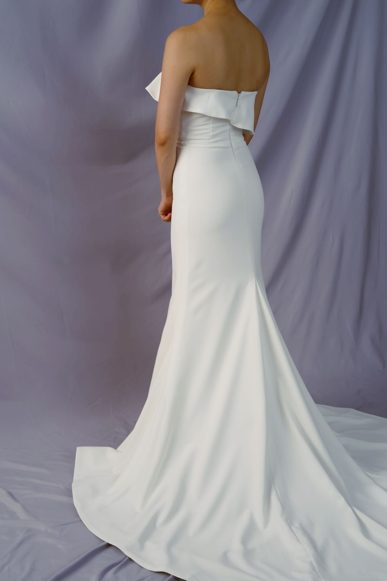 Olivia Frilly Strapless Crepe Minimal Wedding Dress | Column Sheath Skirt with Slit | Bone and Grey Bridal | Minimal wedding dresses online Canada Singapore USA