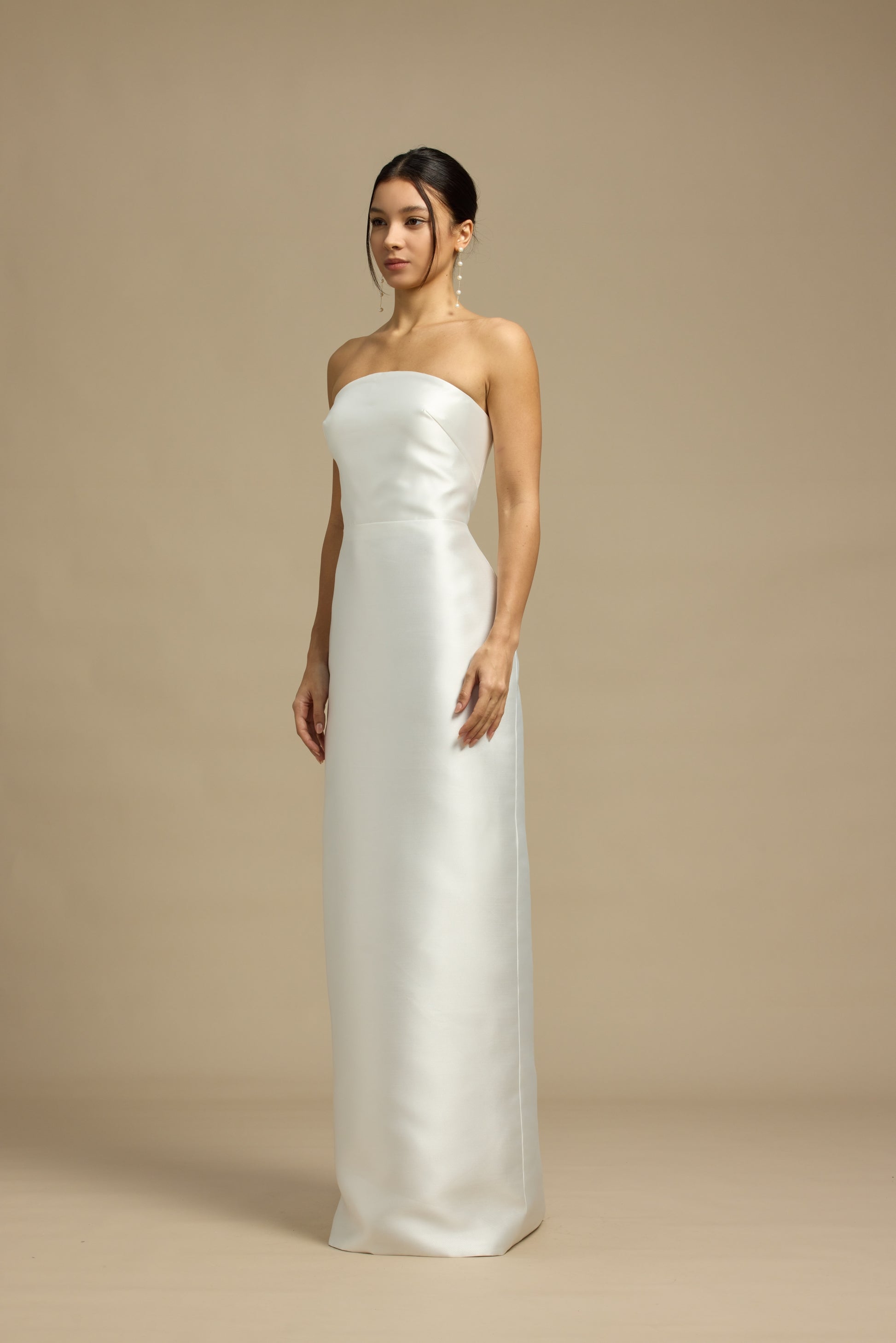 Romy Strapless Crescent Neckline Column Wedding Dress with Neck Scarf | Bone and Grey Bridal | Affordable Minimal Simple Bridal Gowns Online Canada USA Singapore
