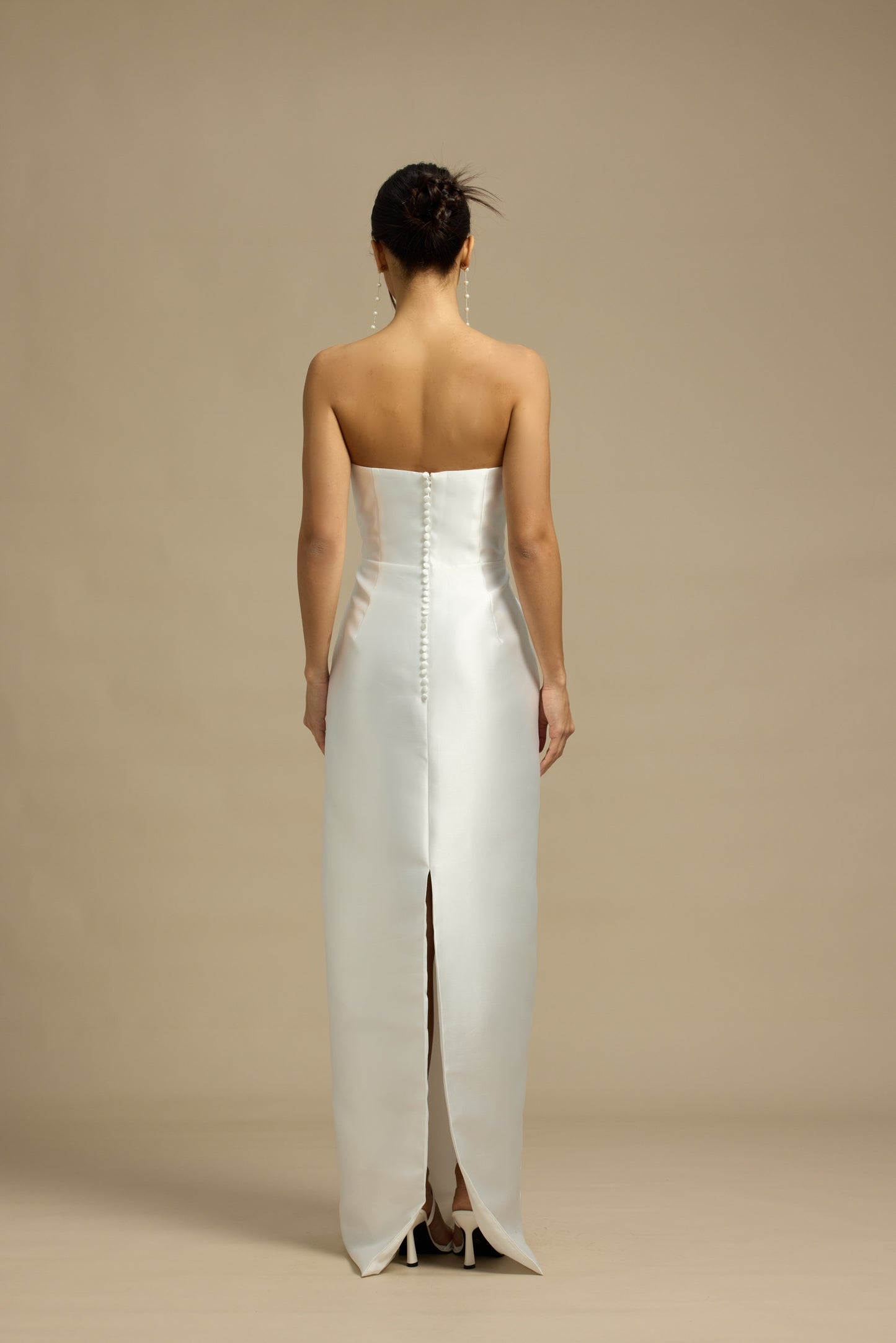 Romy Strapless Crescent Neckline Column Wedding Dress with Neck Scarf | Bone and Grey Bridal | Affordable Minimal Simple Bridal Gowns Online Canada USA Singapore