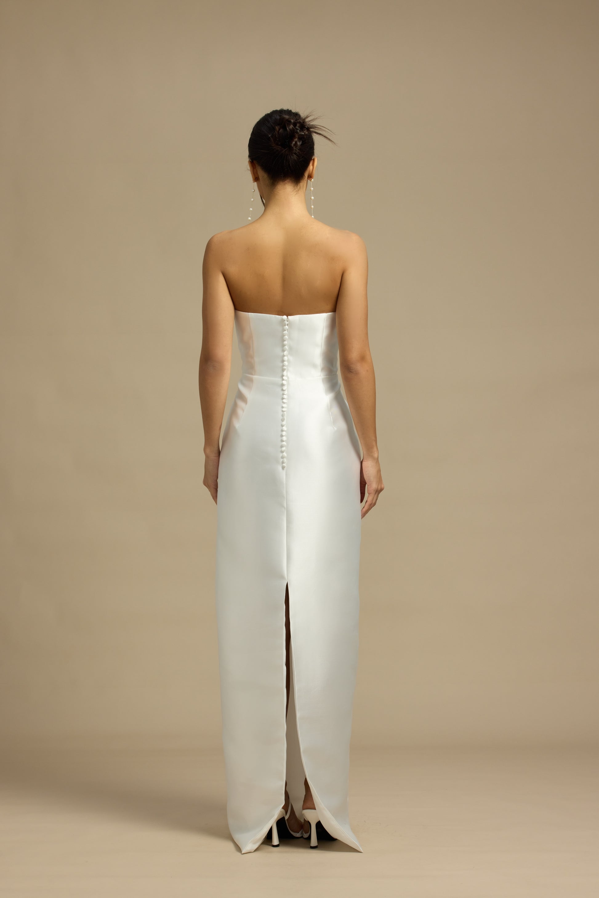 Romy Strapless Crescent Neckline Column Wedding Dress with Neck Scarf | Bone and Grey Bridal | Affordable Minimal Simple Bridal Gowns Online Canada USA Singapore