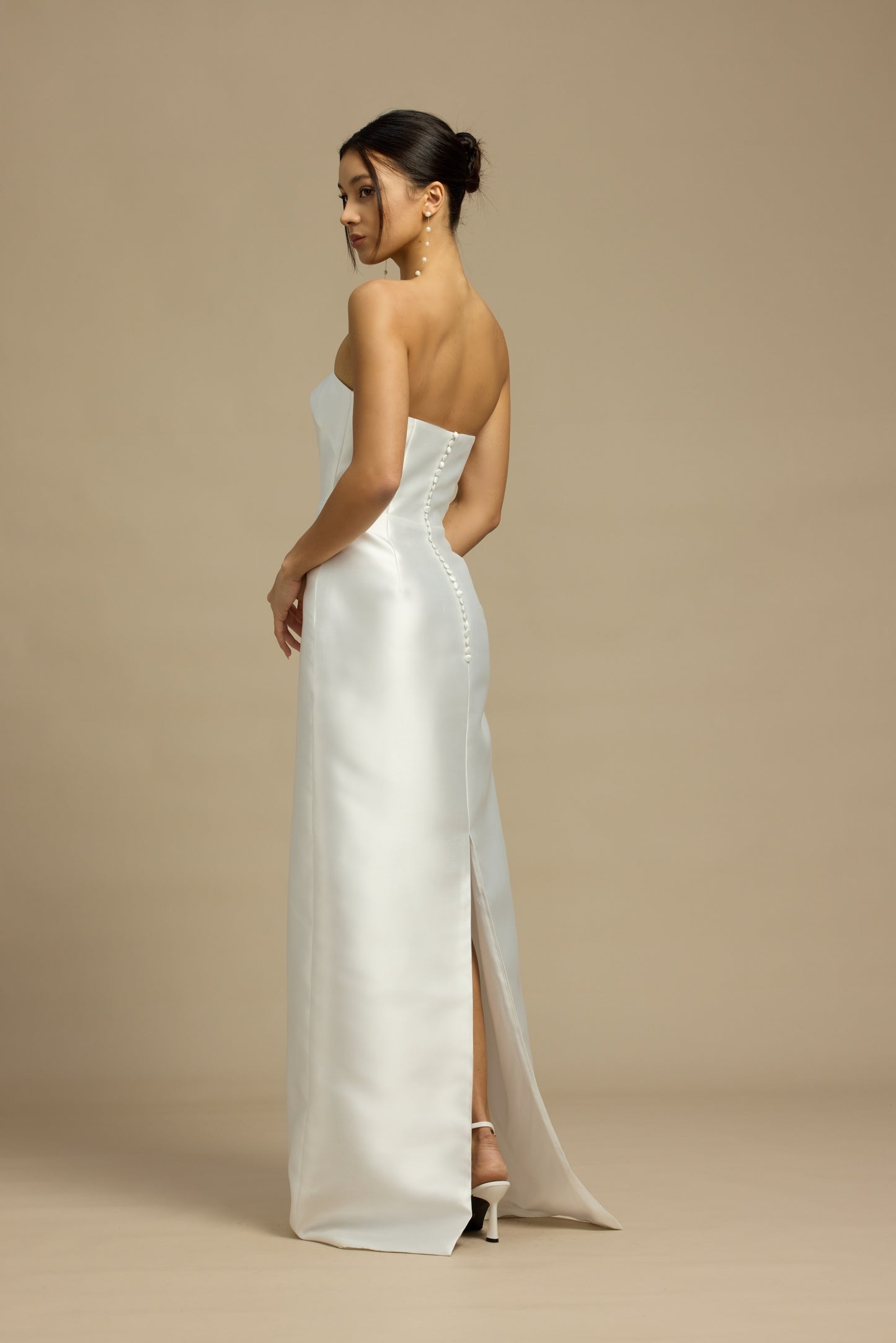 Romy Strapless Crescent Neckline Column Wedding Dress with Neck Scarf | Bone and Grey Bridal | Affordable Minimal Simple Bridal Gowns Online Canada USA Singapore
