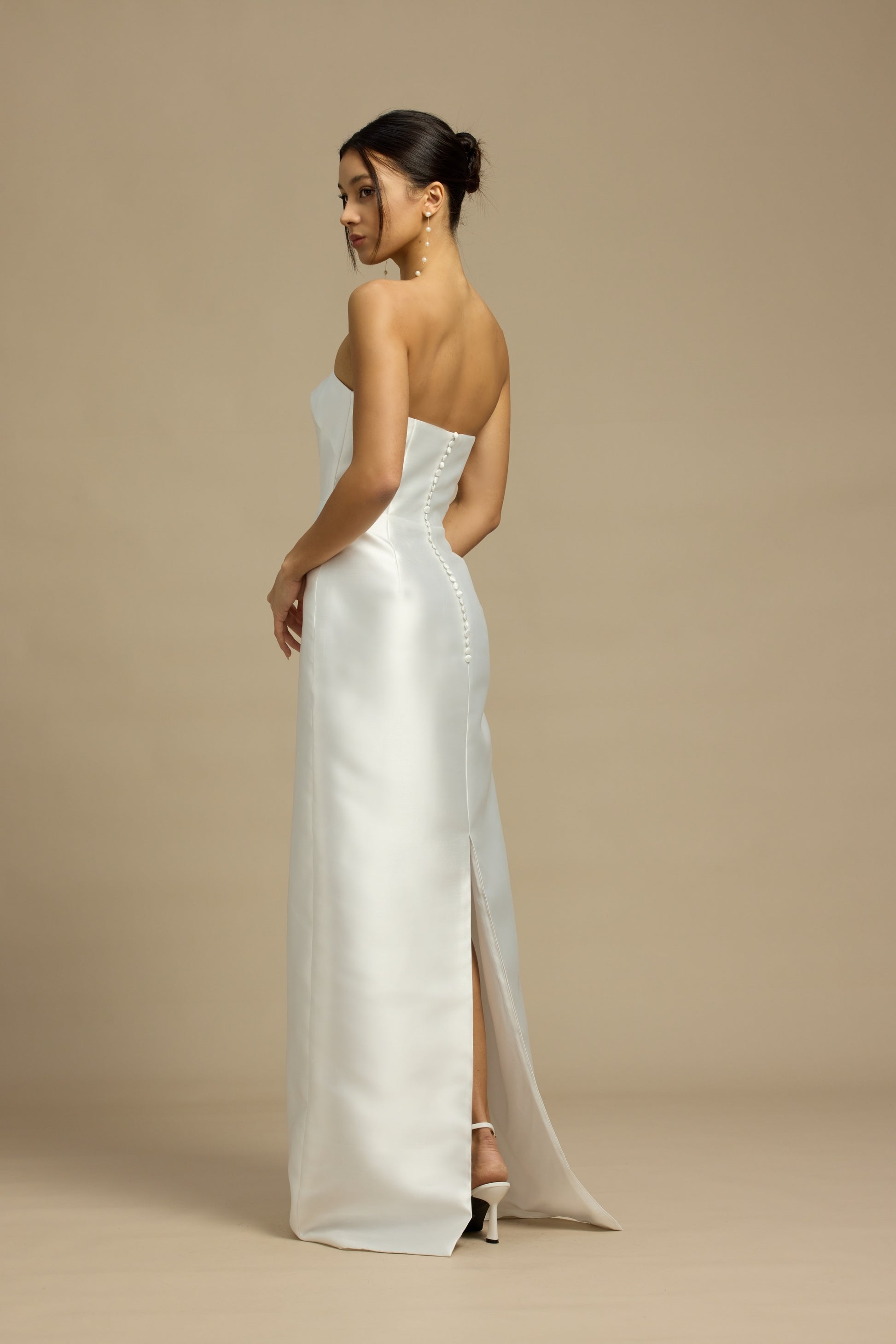 Romy Strapless Crescent Neckline Column Wedding Dress with Neck Scarf | Bone and Grey Bridal | Affordable Minimal Simple Bridal Gowns Online Canada USA Singapore