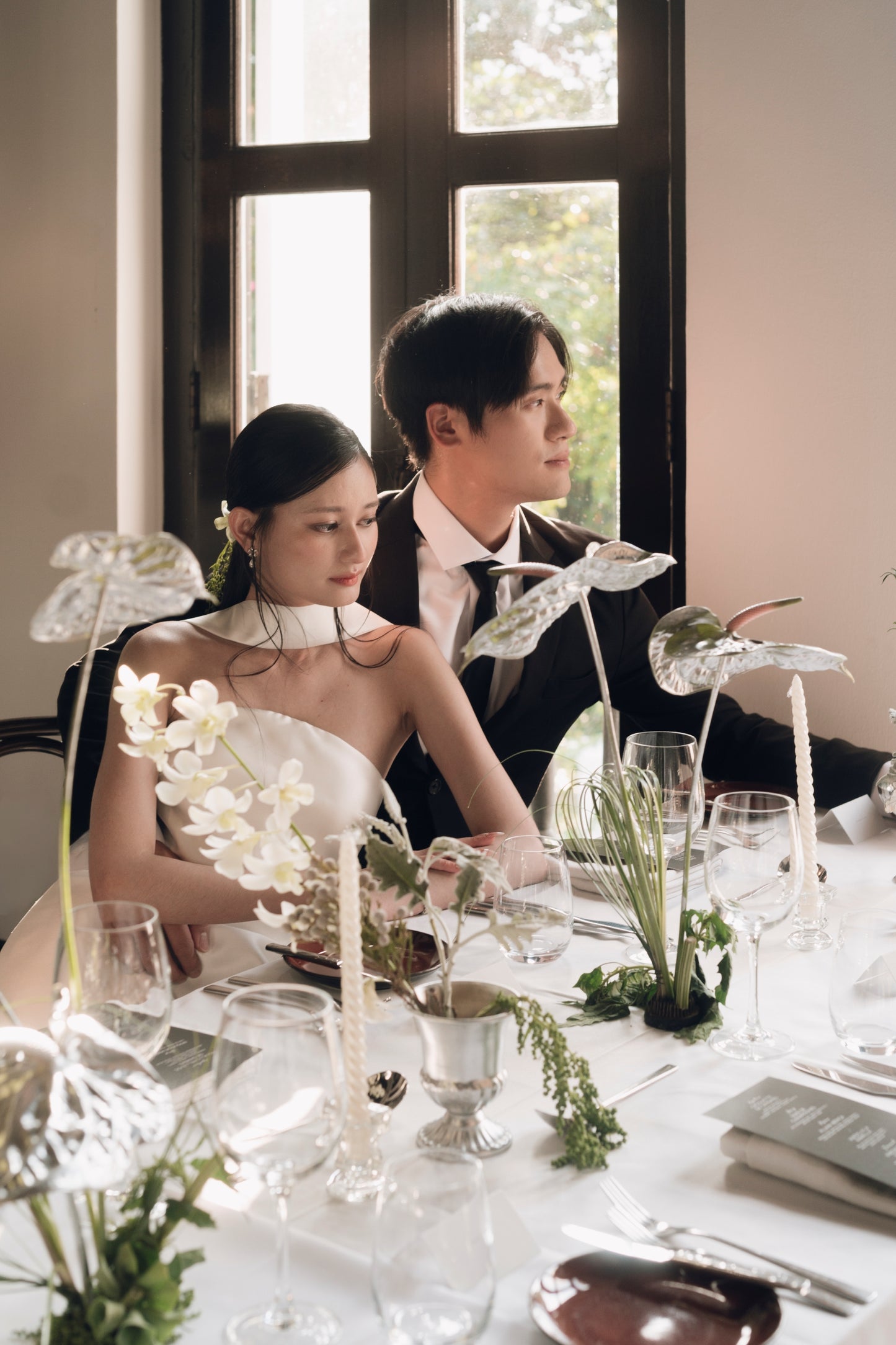 Romy Strapless Crescent Neckline Column Wedding Dress with Neck Scarf | Bone and Grey Bridal | Affordable Minimal Simple Bridal Gowns Online Canada USA Singapore