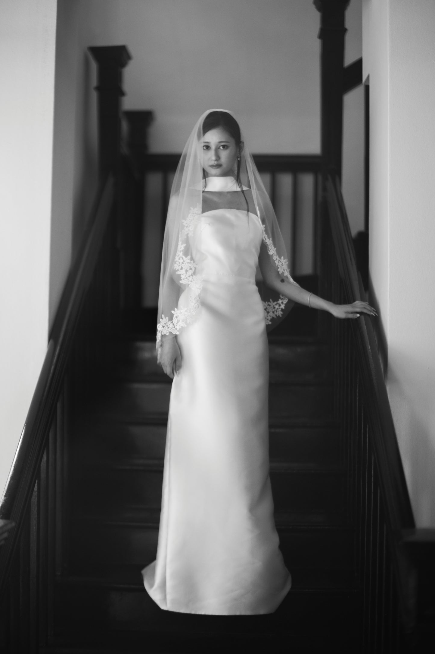 Romy Strapless Crescent Neckline Column Wedding Dress with Neck Scarf | Bone and Grey Bridal | Affordable Minimal Simple Bridal Gowns Online Canada USA Singapore