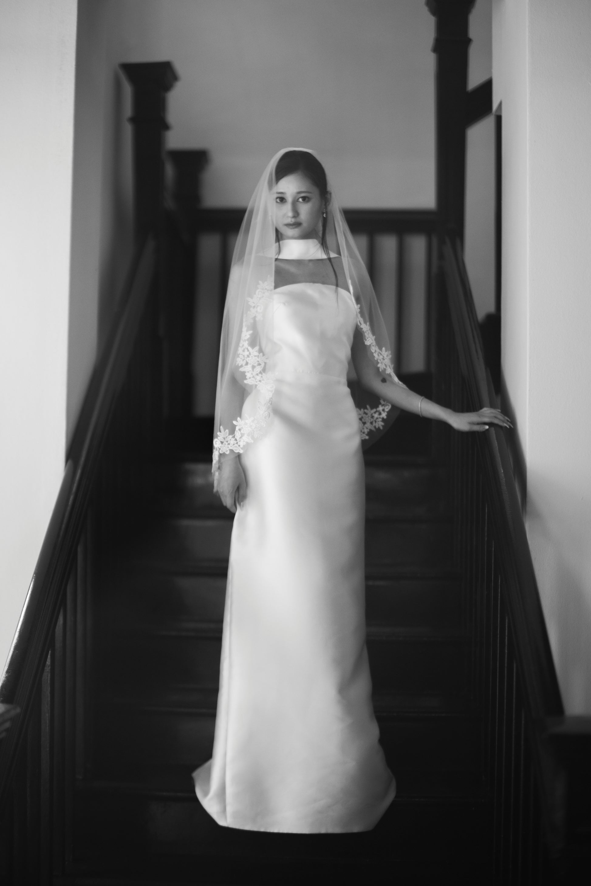 Romy Strapless Crescent Neckline Column Wedding Dress with Neck Scarf | Bone and Grey Bridal | Affordable Minimal Simple Bridal Gowns Online Canada USA Singapore