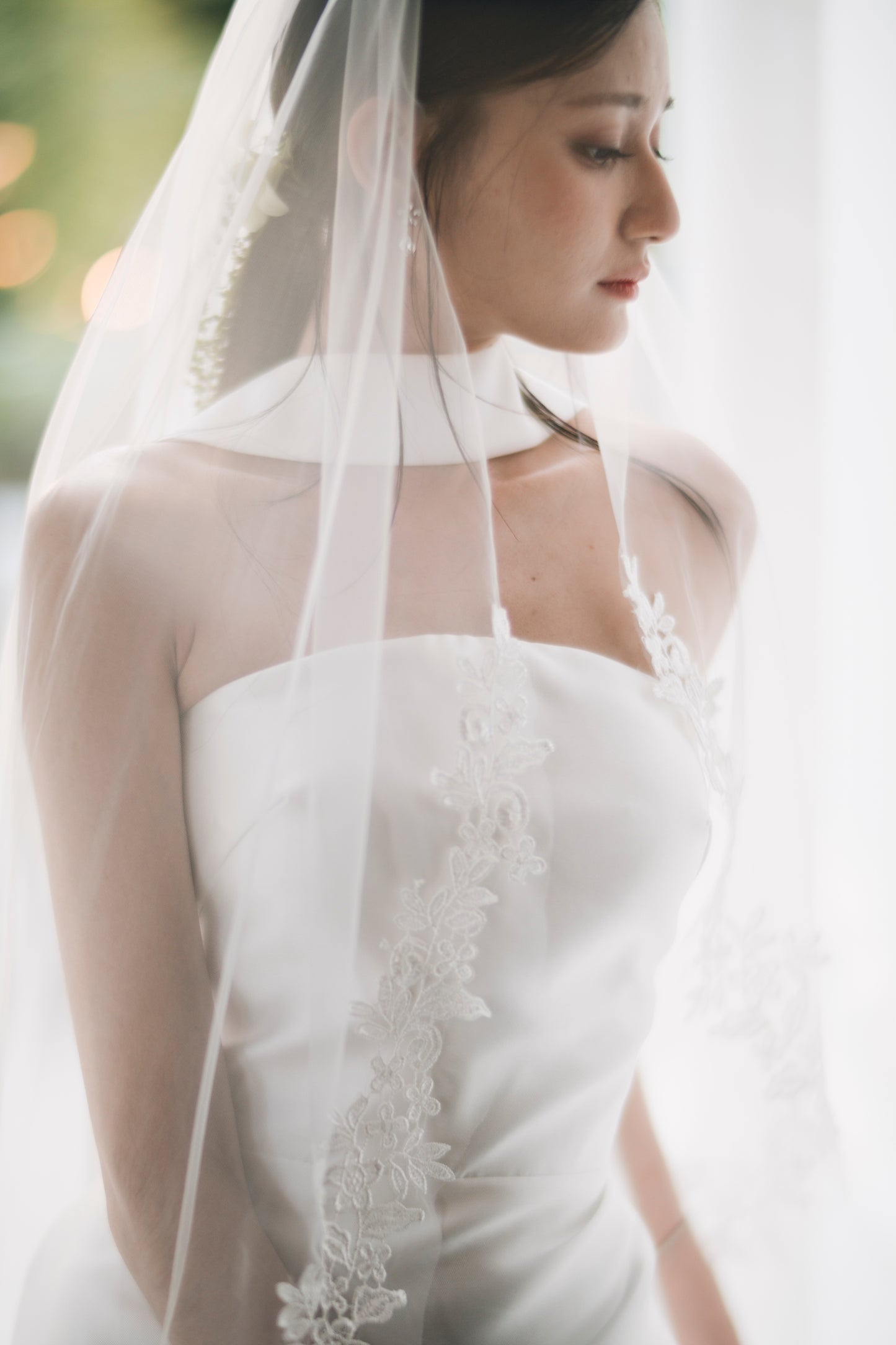 Romy Strapless Crescent Neckline Column Wedding Dress with Neck Scarf | Bone and Grey Bridal | Affordable Minimal Simple Bridal Gowns Online Canada USA Singapore