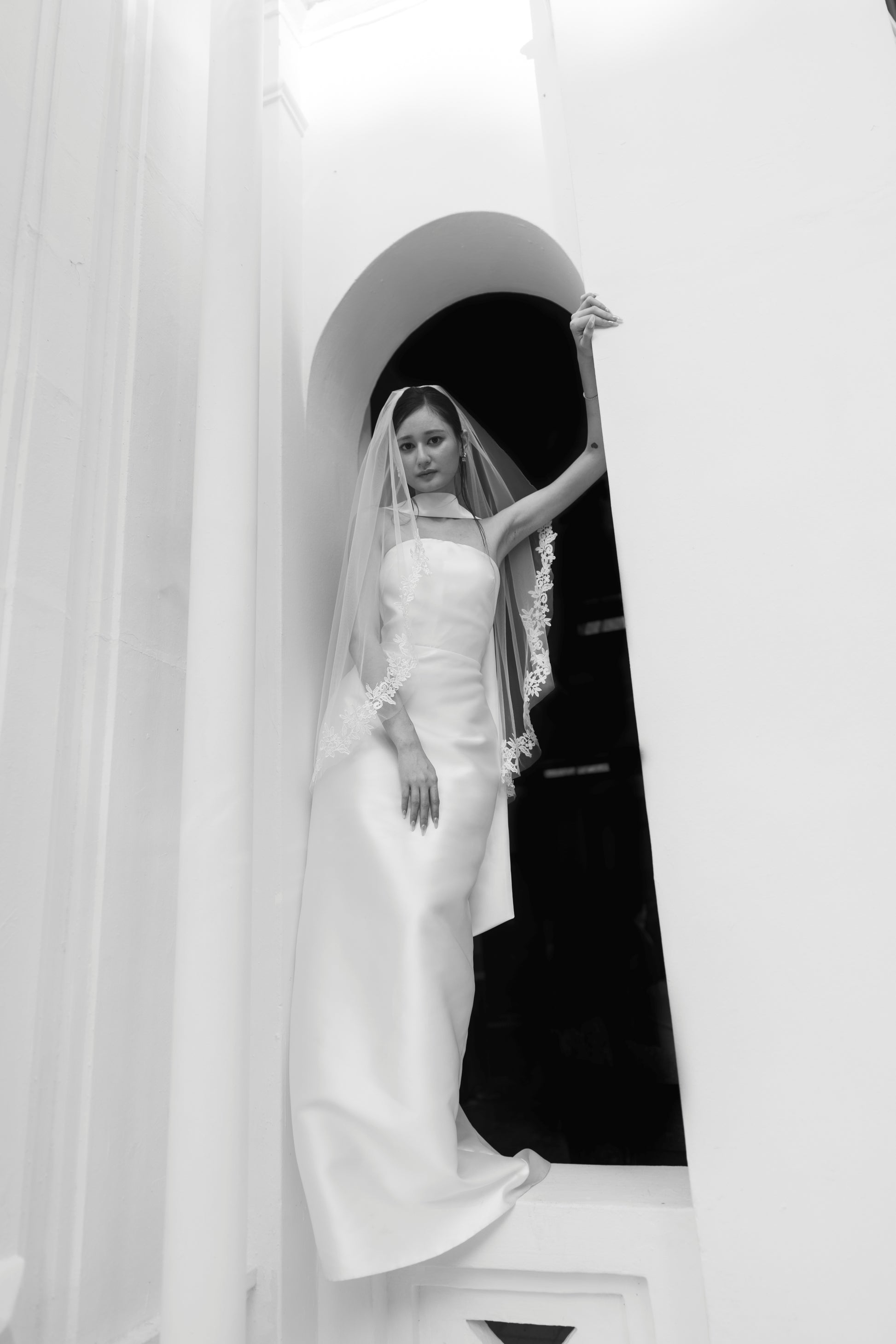 Romy Strapless Crescent Neckline Column Wedding Dress with Neck Scarf | Bone and Grey Bridal | Affordable Minimal Simple Bridal Gowns Online Canada USA Singapore