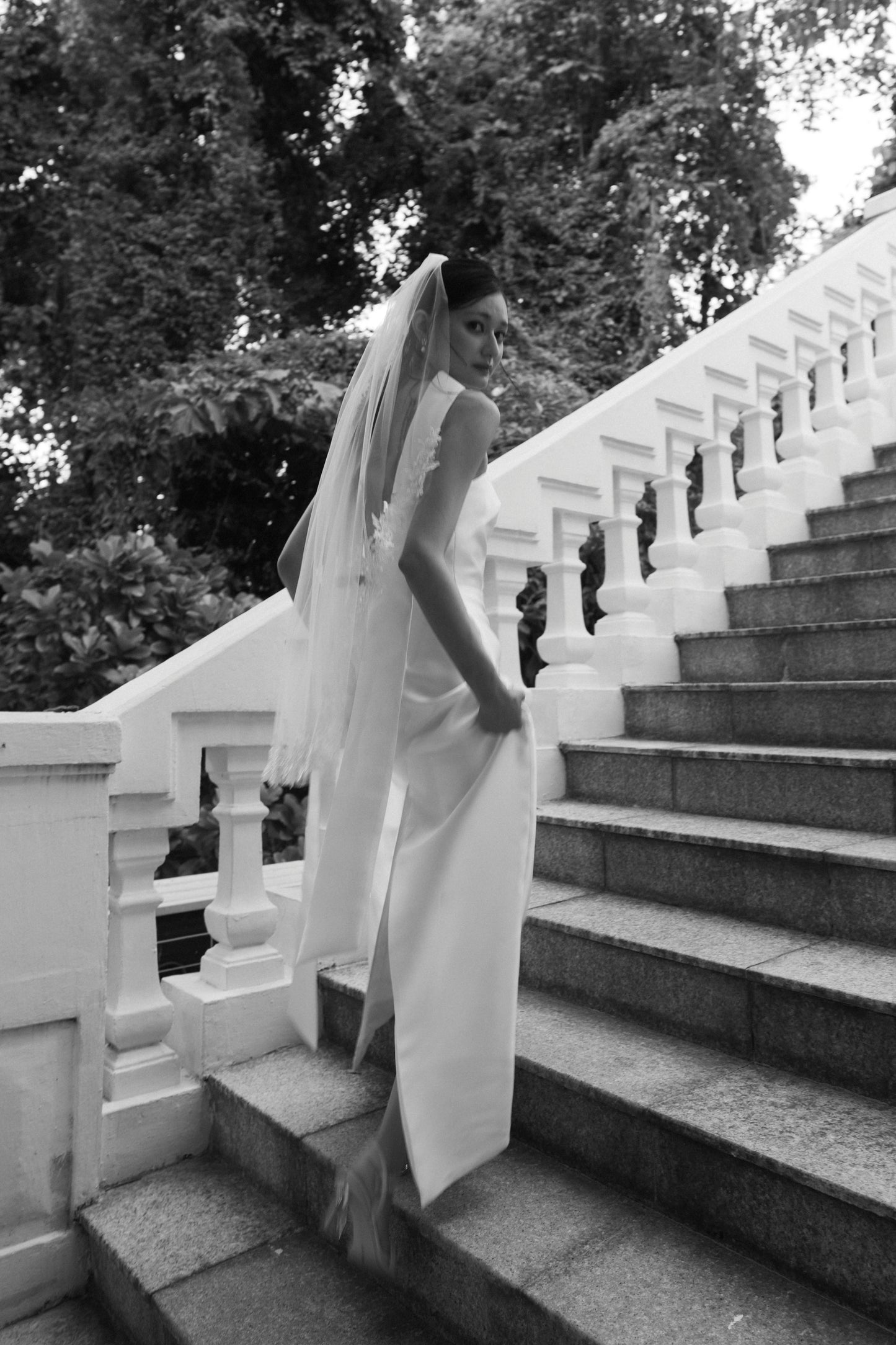 Romy Strapless Crescent Neckline Column Wedding Dress with Neck Scarf | Bone and Grey Bridal | Affordable Minimal Simple Bridal Gowns Online Canada USA Singapore