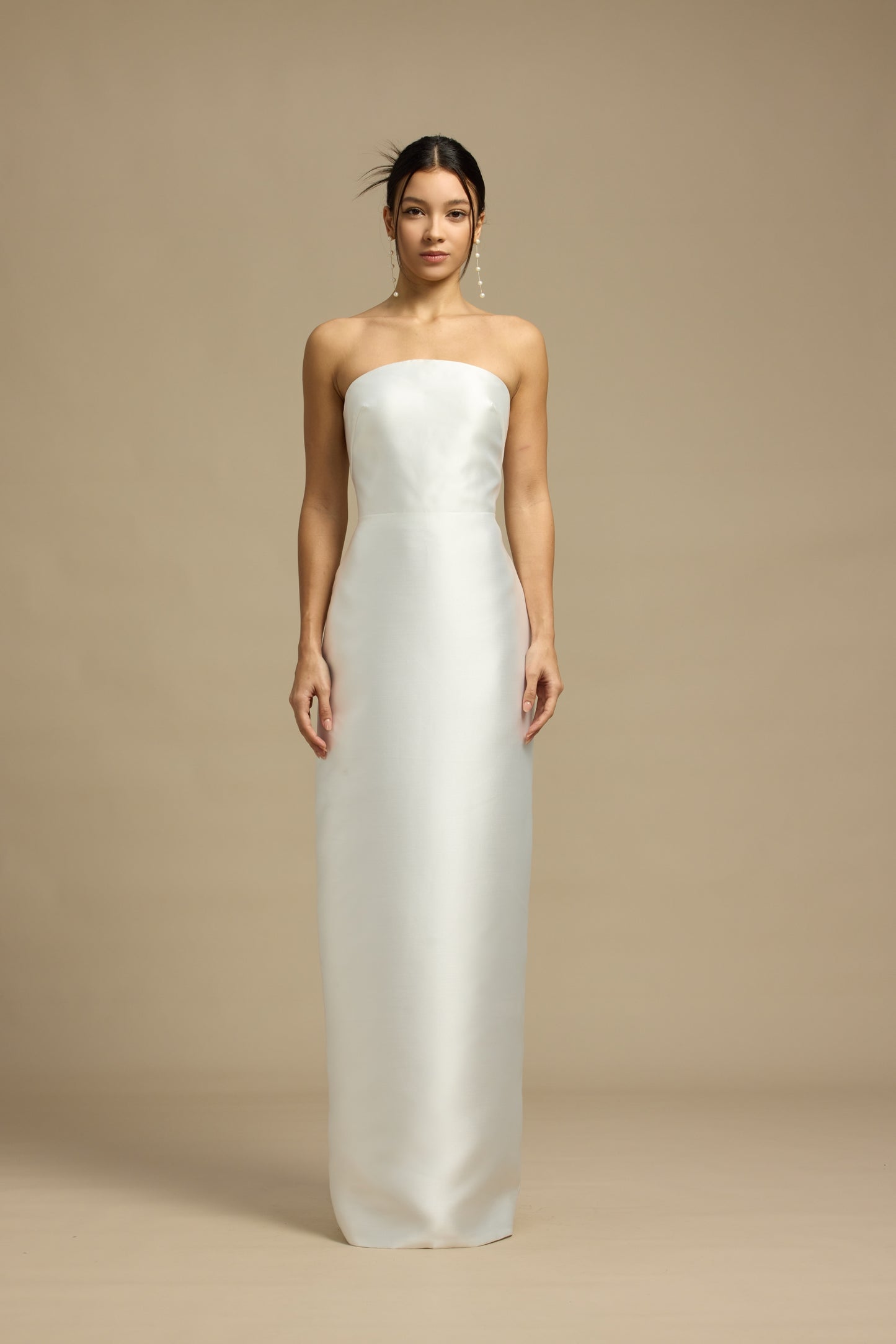 Romy Strapless Crescent Neckline Column Wedding Dress with Neck Scarf | Bone and Grey Bridal | Affordable Minimal Simple Bridal Gowns Online Canada USA Singapore