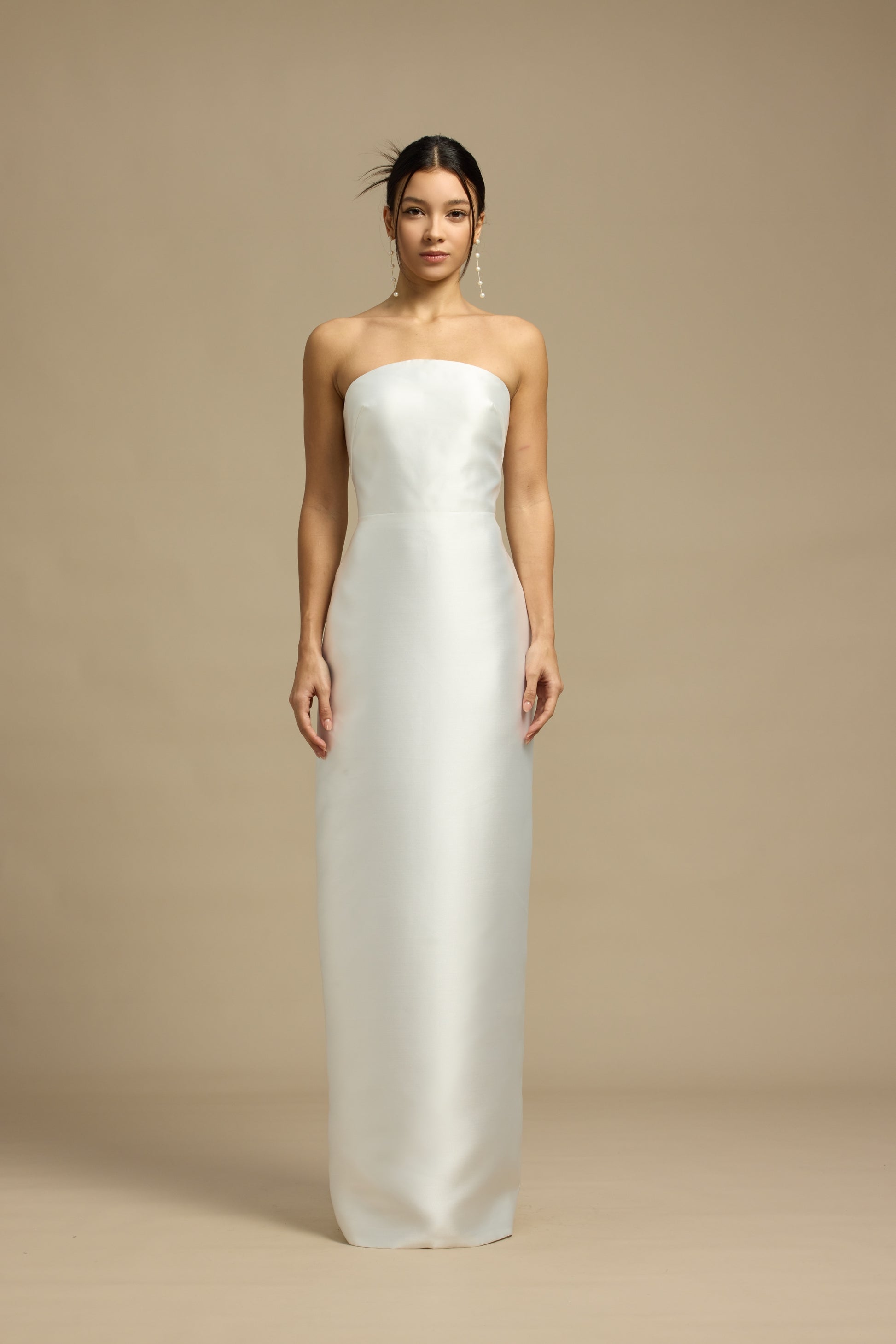 Romy Strapless Crescent Neckline Column Wedding Dress with Neck Scarf | Bone and Grey Bridal | Affordable Minimal Simple Bridal Gowns Online Canada USA Singapore