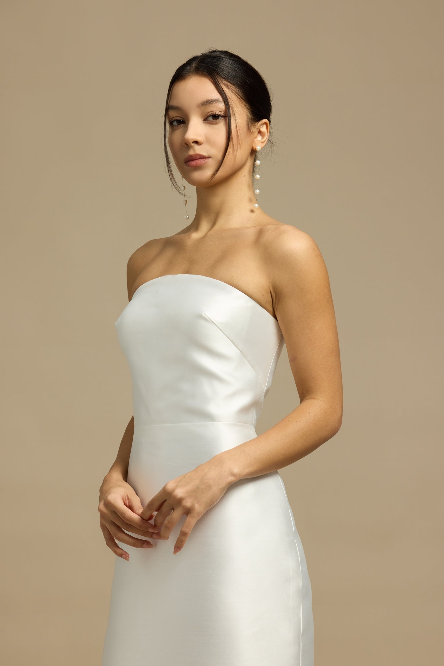 Romy Strapless Crescent Neckline Column Wedding Dress with Neck Scarf | Bone and Grey Bridal | Affordable Minimal Simple Bridal Gowns Online Canada USA Singapore