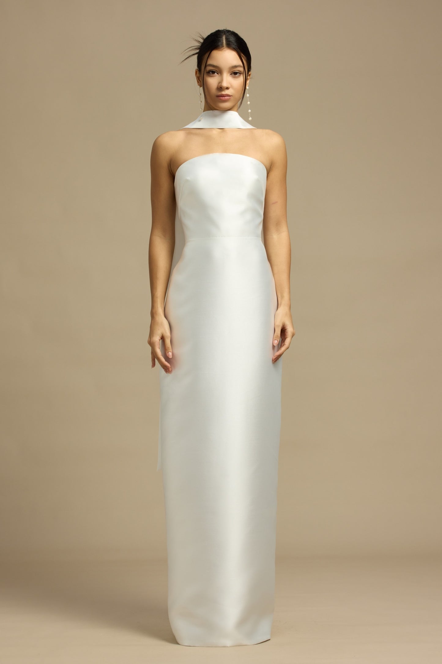Romy Strapless Crescent Neckline Column Wedding Dress with Neck Scarf | Bone and Grey Bridal | Affordable Minimal Simple Bridal Gowns Online Canada USA Singapore