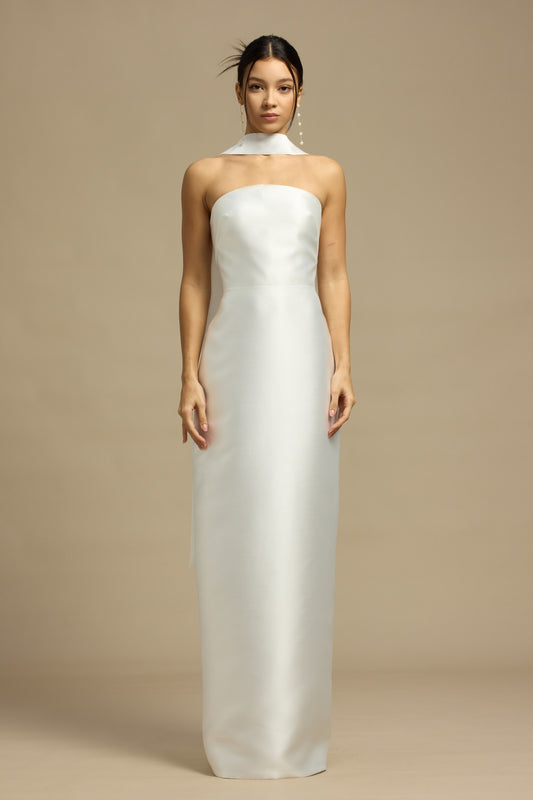 Romy Strapless Crescent Neckline Column Wedding Dress with Neck Scarf | Bone and Grey Bridal | Affordable Minimal Simple Bridal Gowns Online Canada USA Singapore
