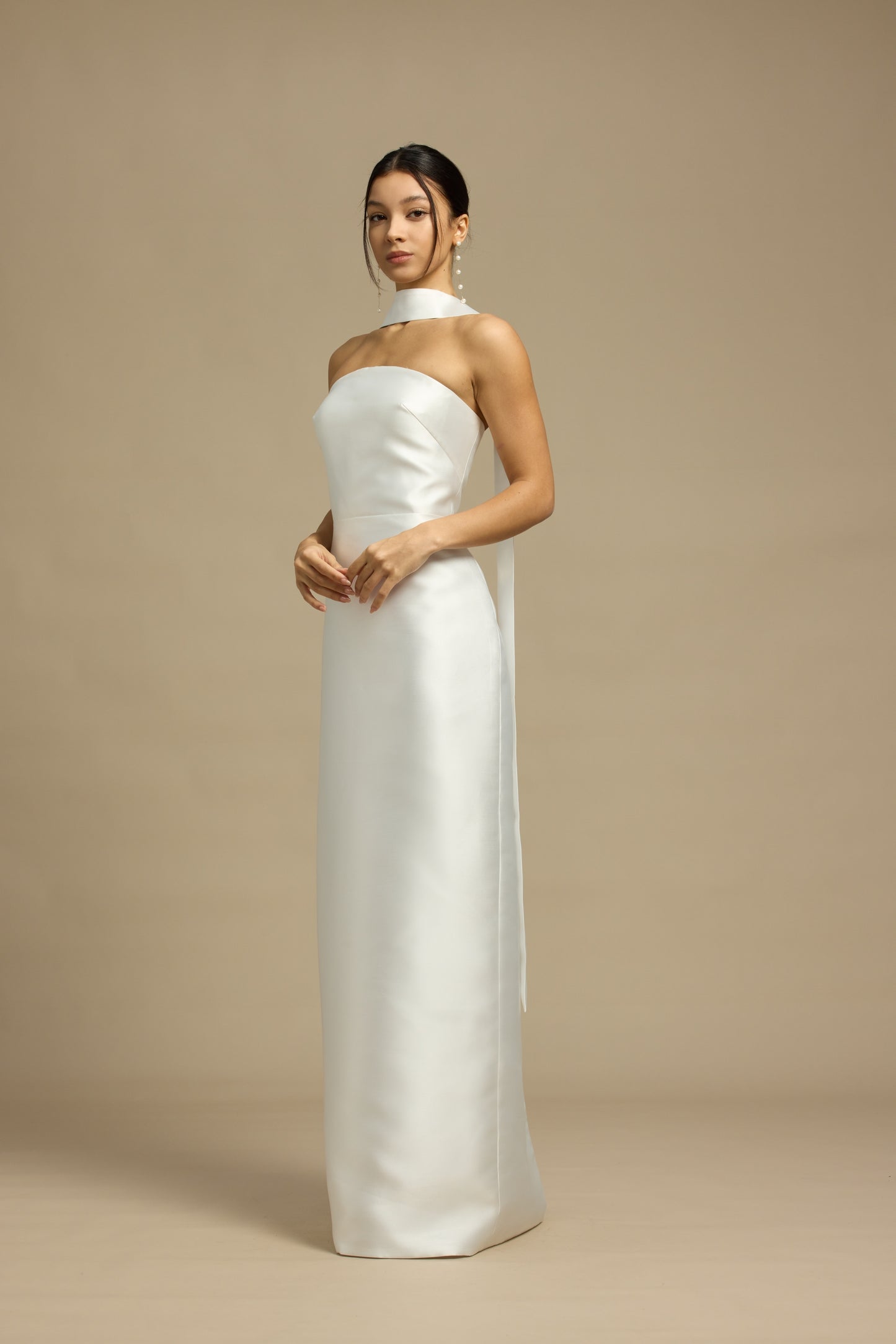 Romy Strapless Crescent Neckline Column Wedding Dress with Neck Scarf | Bone and Grey Bridal | Affordable Minimal Simple Bridal Gowns Online Canada USA Singapore
