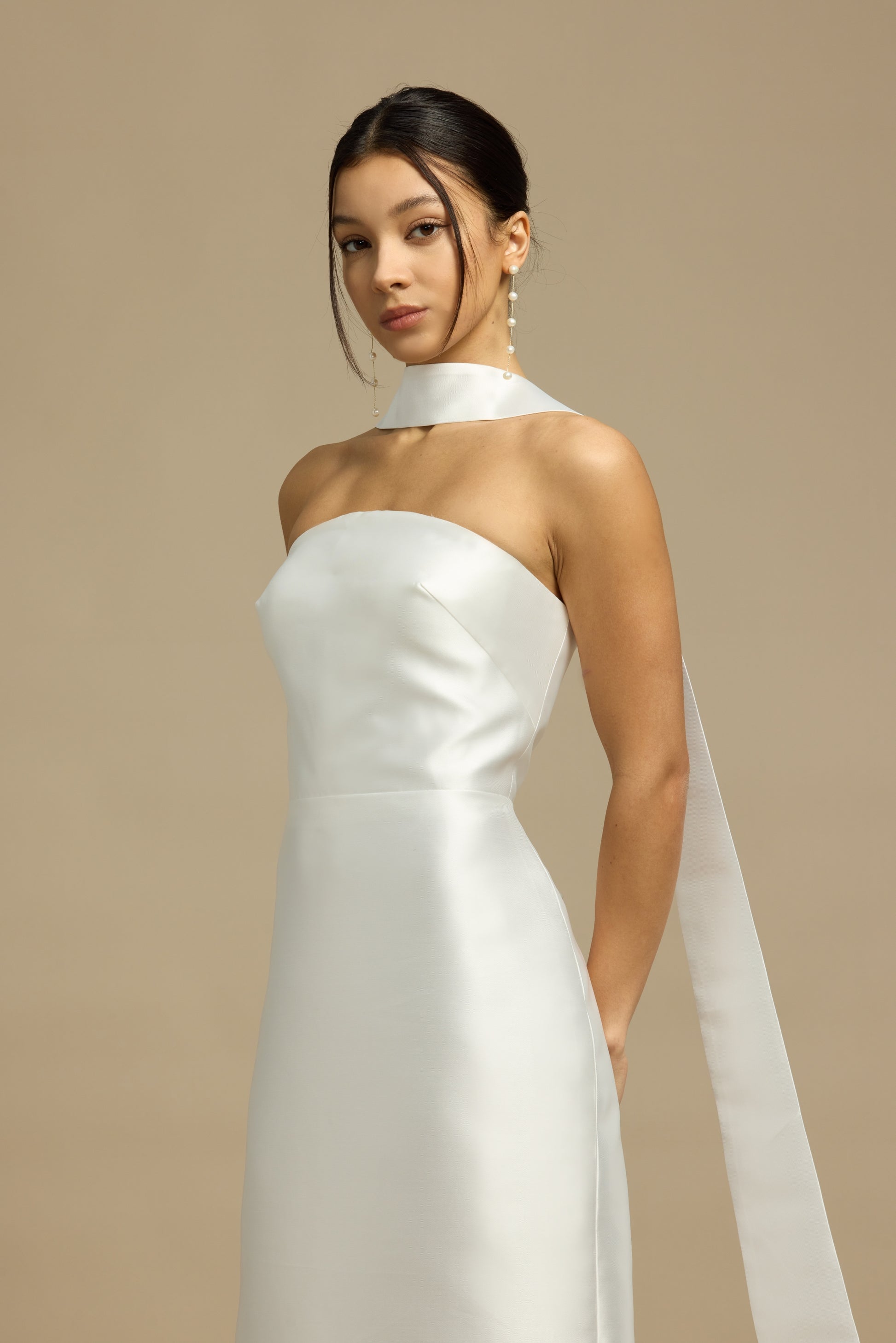 Romy Strapless Crescent Neckline Column Wedding Dress with Neck Scarf | Bone and Grey Bridal | Affordable Minimal Simple Bridal Gowns Online Canada USA Singapore