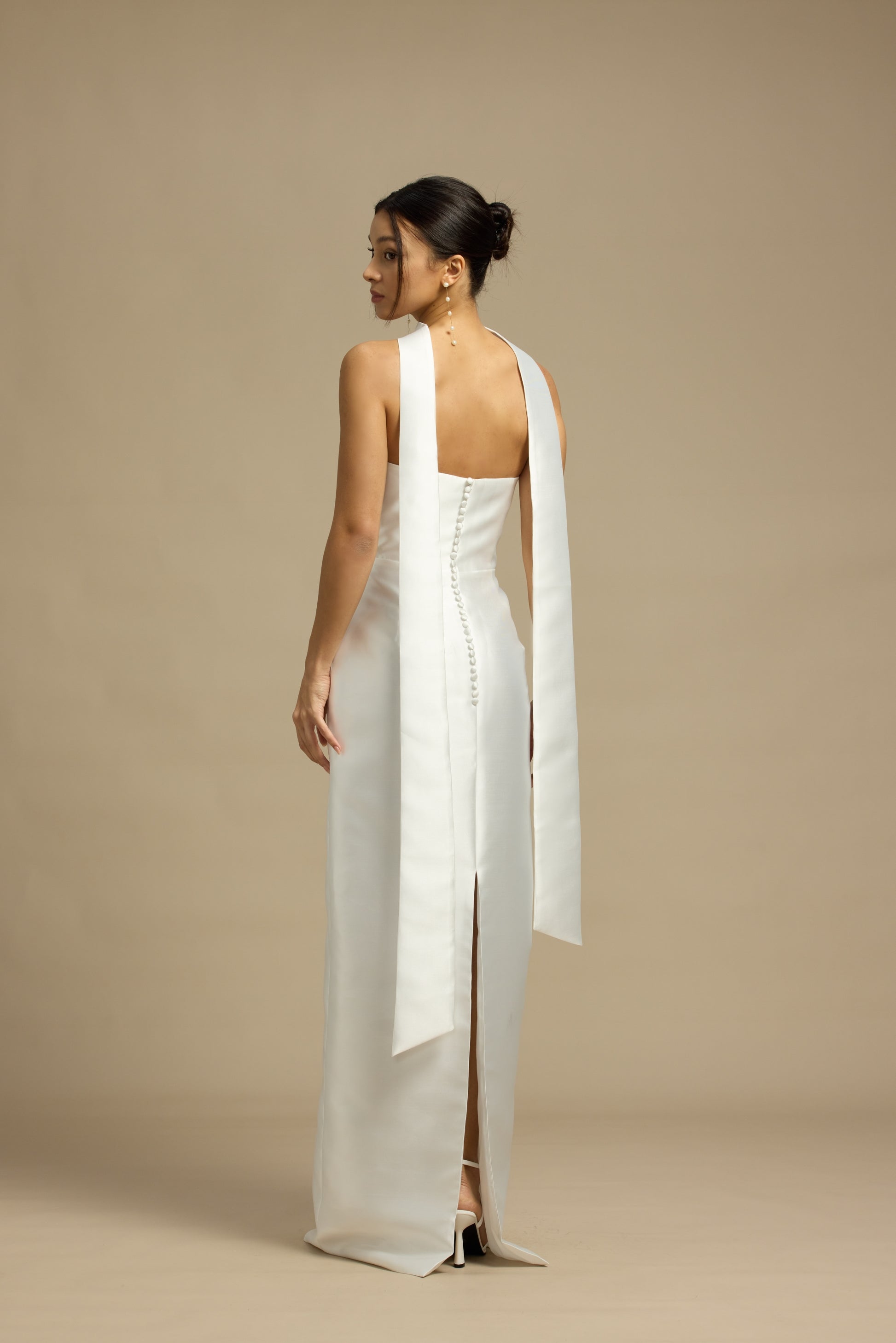 Romy Strapless Crescent Neckline Column Wedding Dress with Neck Scarf | Bone and Grey Bridal | Affordable Minimal Simple Bridal Gowns Online Canada USA Singapore