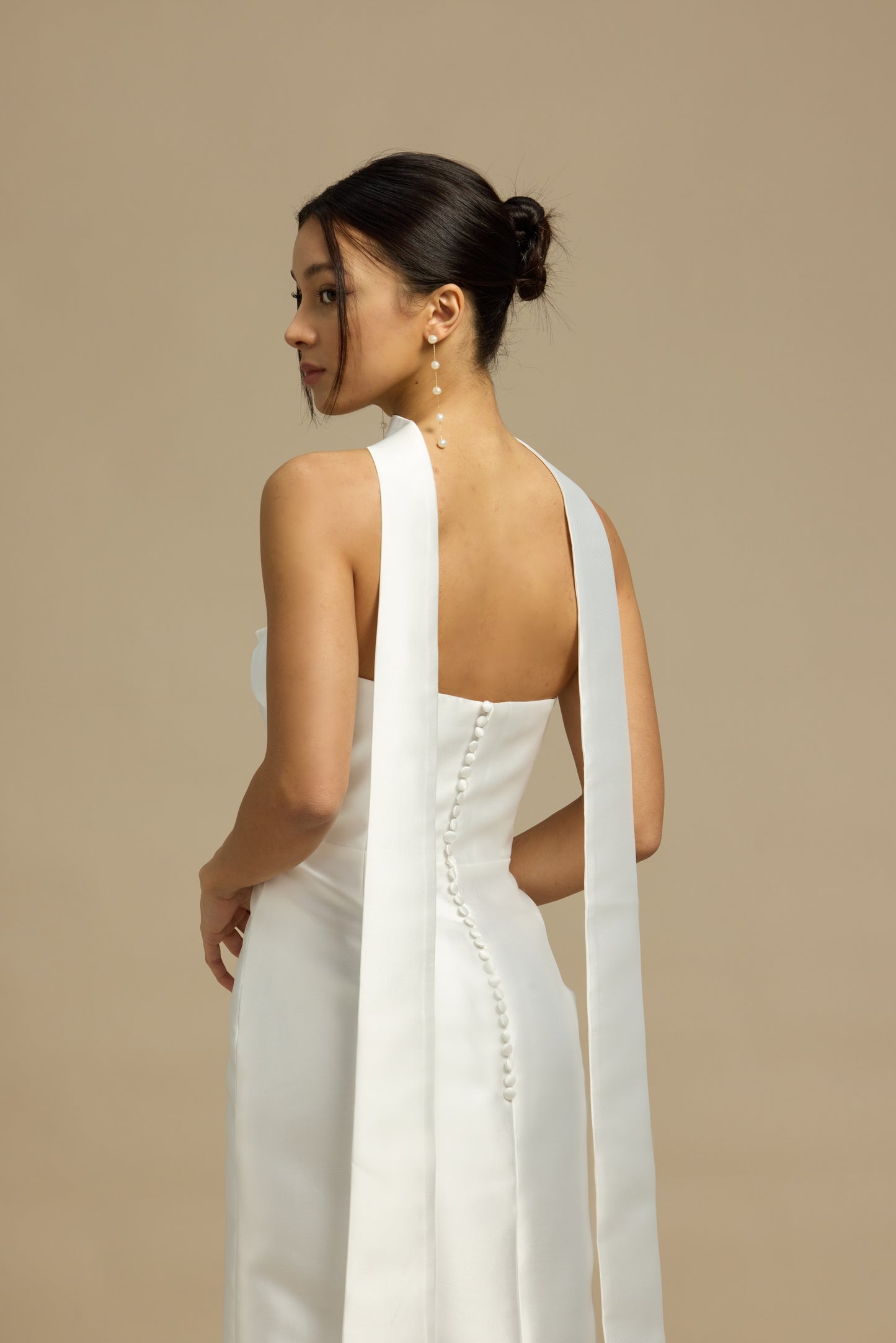 Romy Strapless Crescent Neckline Column Wedding Dress with Neck Scarf | Bone and Grey Bridal | Affordable Minimal Simple Bridal Gowns Online Canada USA Singapore