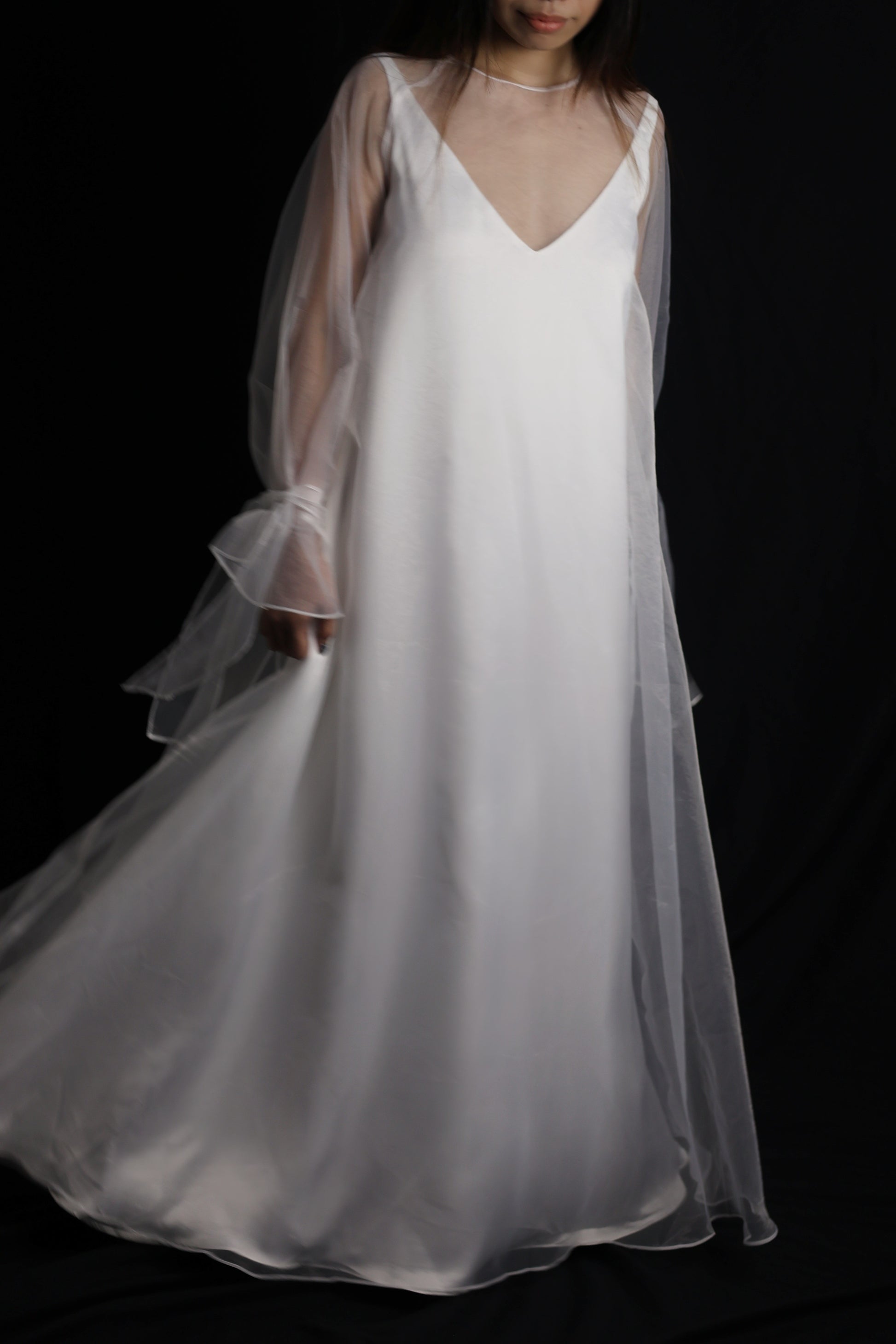 Sabrina Two-Piece Satin Slip Wedding Dress with Long Sleeves Organza Overlay | Bone and Grey Bridal | Affordable Simple Bridal Gowns Online Canada USA Singapore Sabrina Two-Piece Satin Slip Wedding Dress with Long Sleeves Organza Overlay | Bone and Grey Bridal | Affordable Simple Bridal Gowns Online Canada USA Singapore