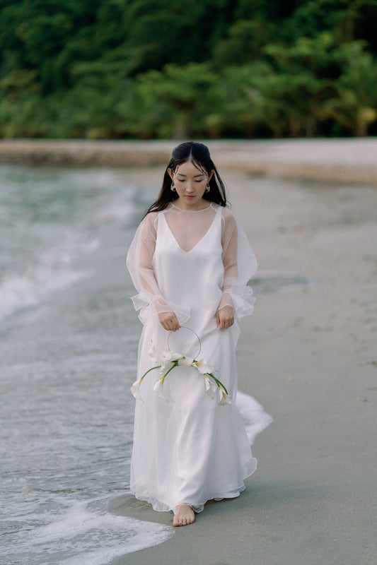 Sabrina Two-Piece Satin Slip Wedding Dress with Organza Overlay | Bone and Grey Bridal | Affordable Minimal Wedding Dress Sets Online Canada Singapore USA