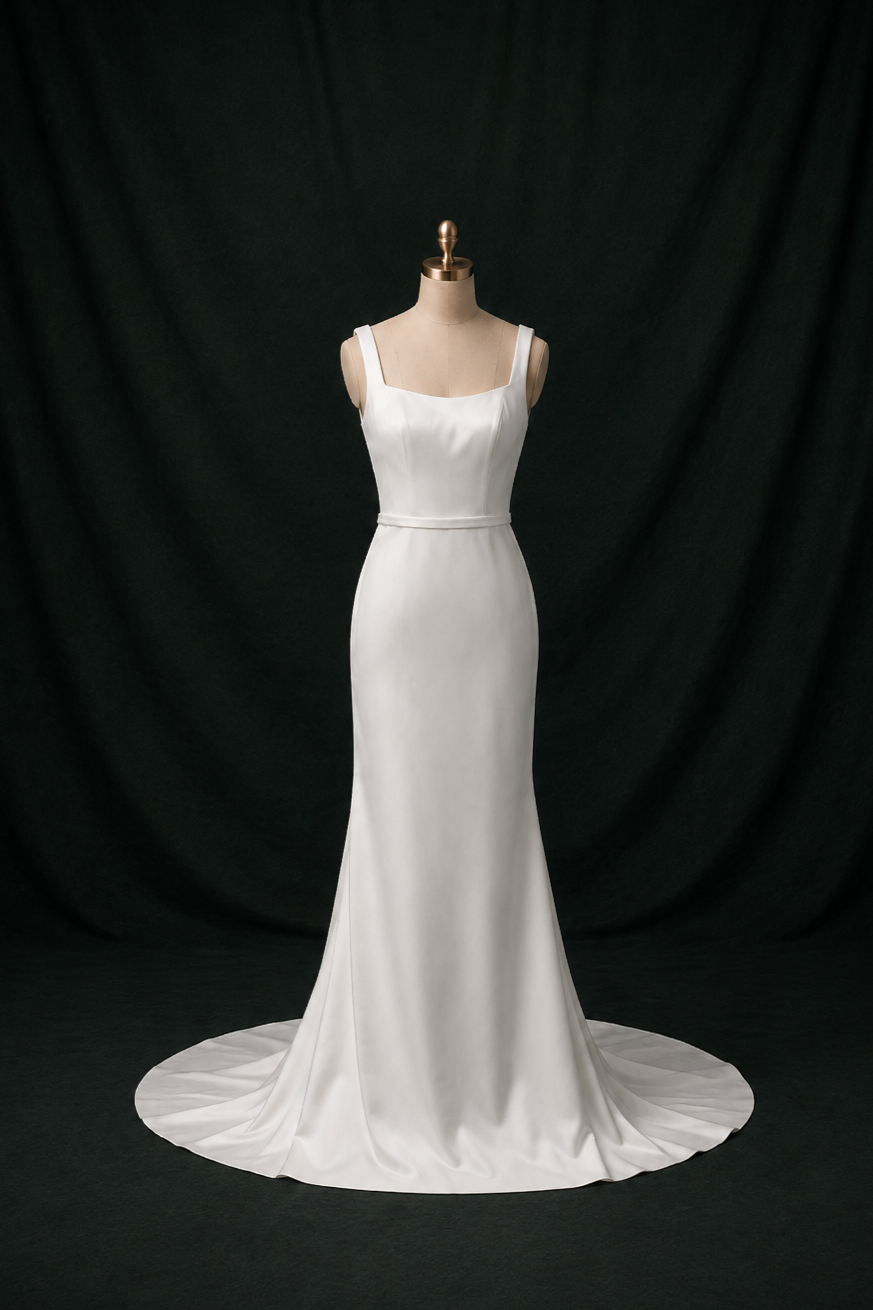 Sage Square Neck Matte Crepe Column Wedding Gown | Bone and Grey Bridal | Affordable Simple Bridal Gowns Online Canada USA Singapore