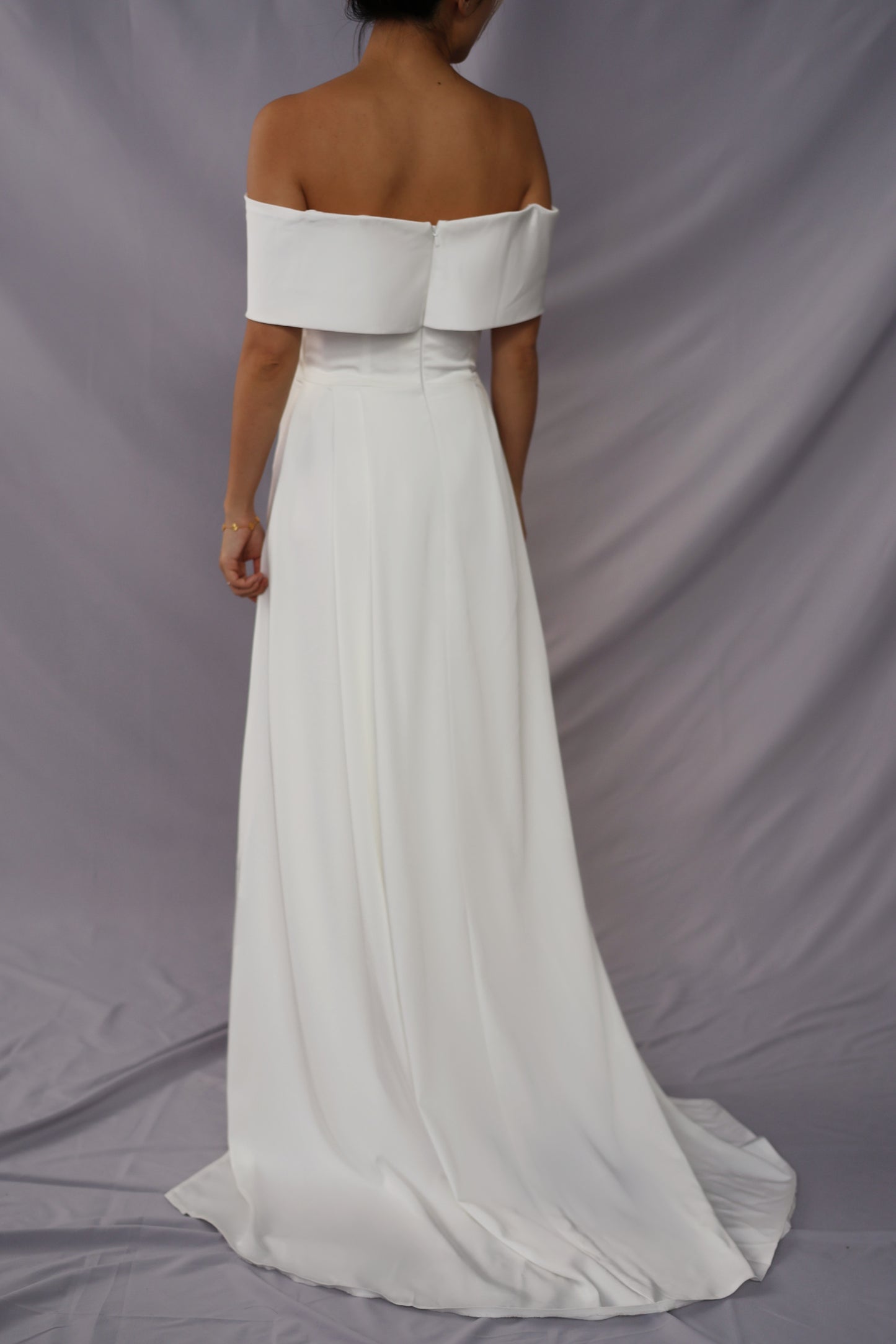 Simone Off-Shoulder Satin Crepe Column A-Line Wedding Dress | Bone and Grey Bridal | Affordable Simple Wedding Dresses Online Canada USA Singapore