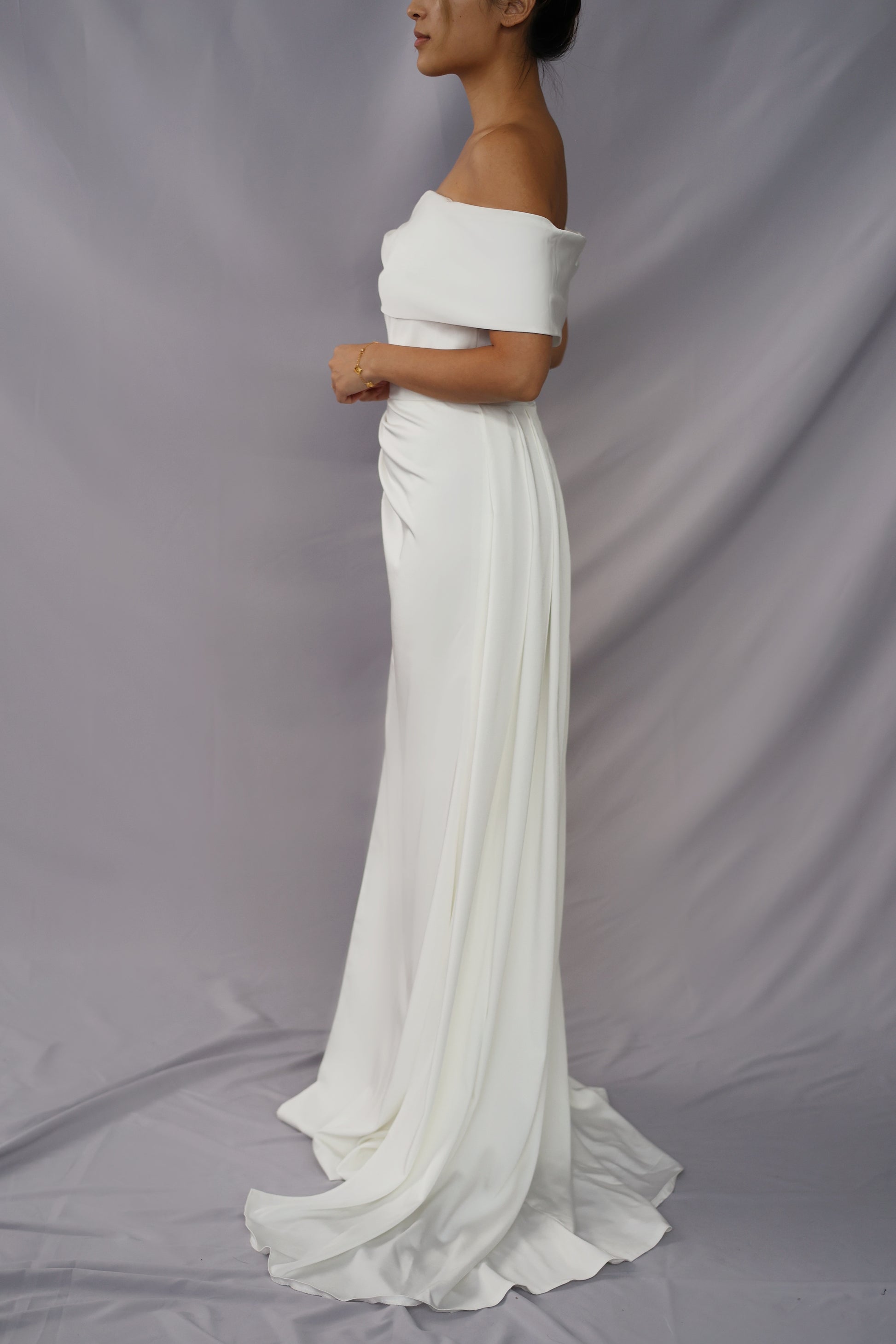 Simone Off-Shoulder Satin Crepe Column A-Line Wedding Dress | Bone and Grey Bridal | Affordable Simple Wedding Dresses Online Canada USA Singapore