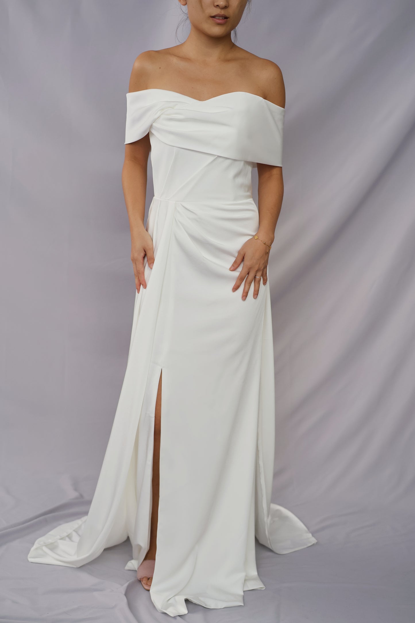 Simone Off-Shoulder Satin Crepe Column A-Line Wedding Dress | Bone and Grey Bridal | Affordable Simple Wedding Dresses Online Canada USA Singapore