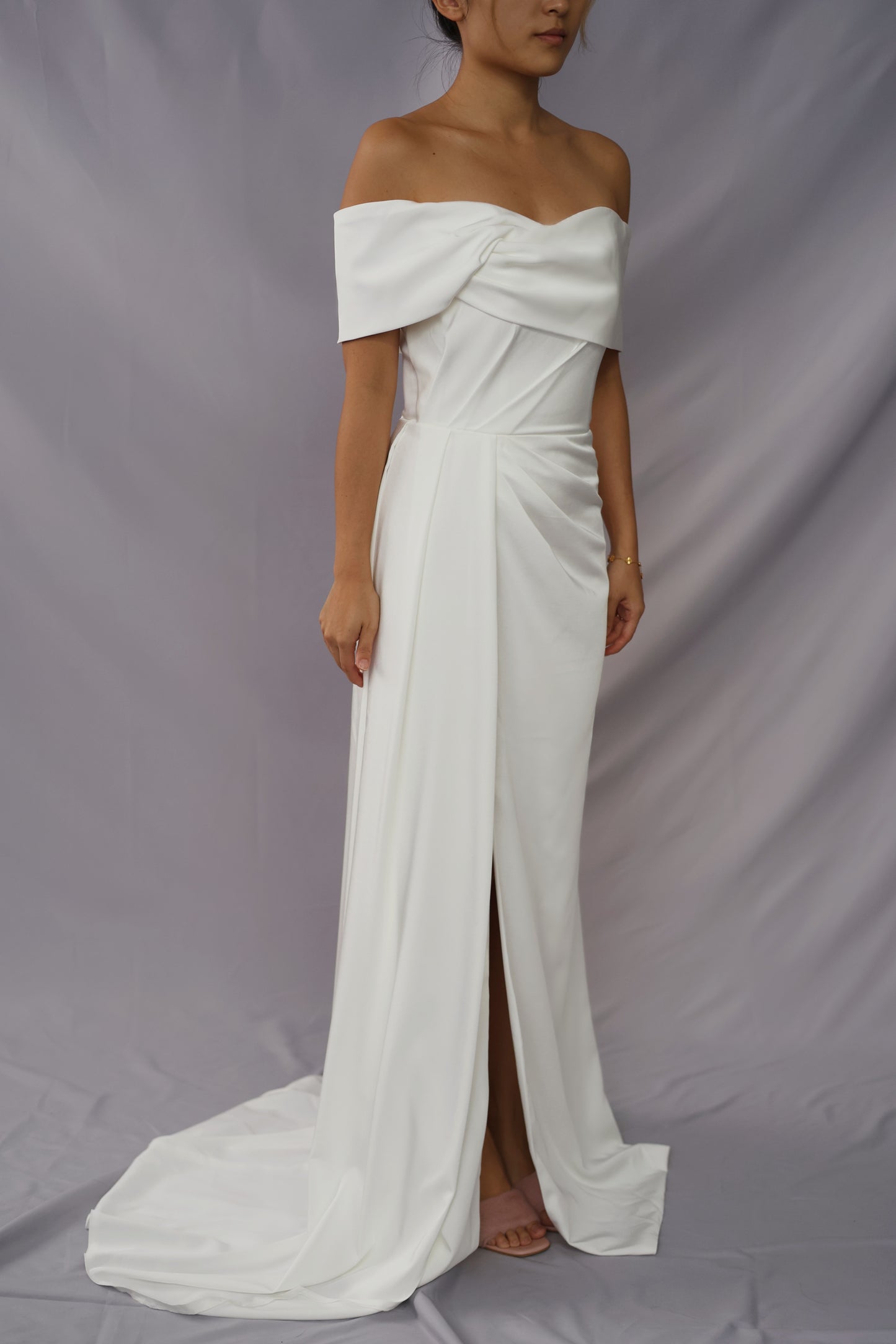 Simone Off-Shoulder Satin Crepe Column A-Line Wedding Dress | Bone and Grey Bridal | Affordable Simple Wedding Dresses Online Canada USA Singapore