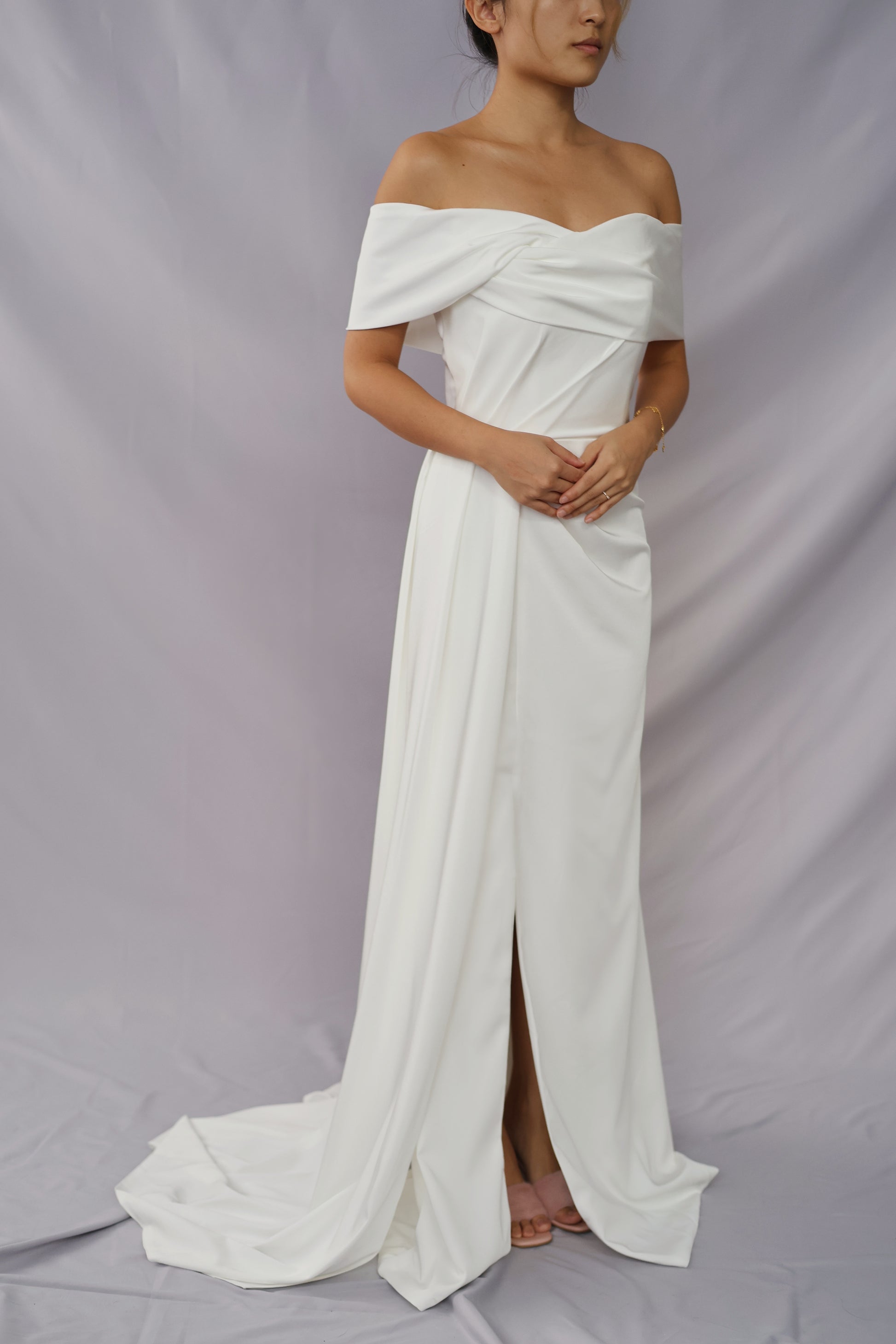 Simone Off-Shoulder Satin Crepe Column A-Line Wedding Dress | Bone and Grey Bridal | Affordable Simple Wedding Dresses Online Canada USA Singapore