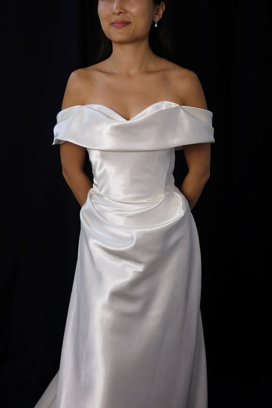 Sloane Off-the-Shoulder Ivory Satin A-Line Wedding Dress with Pockets | Bone and Grey Bridal | Affordable Minimal Wedding Dresses Online Canada USA Singapore