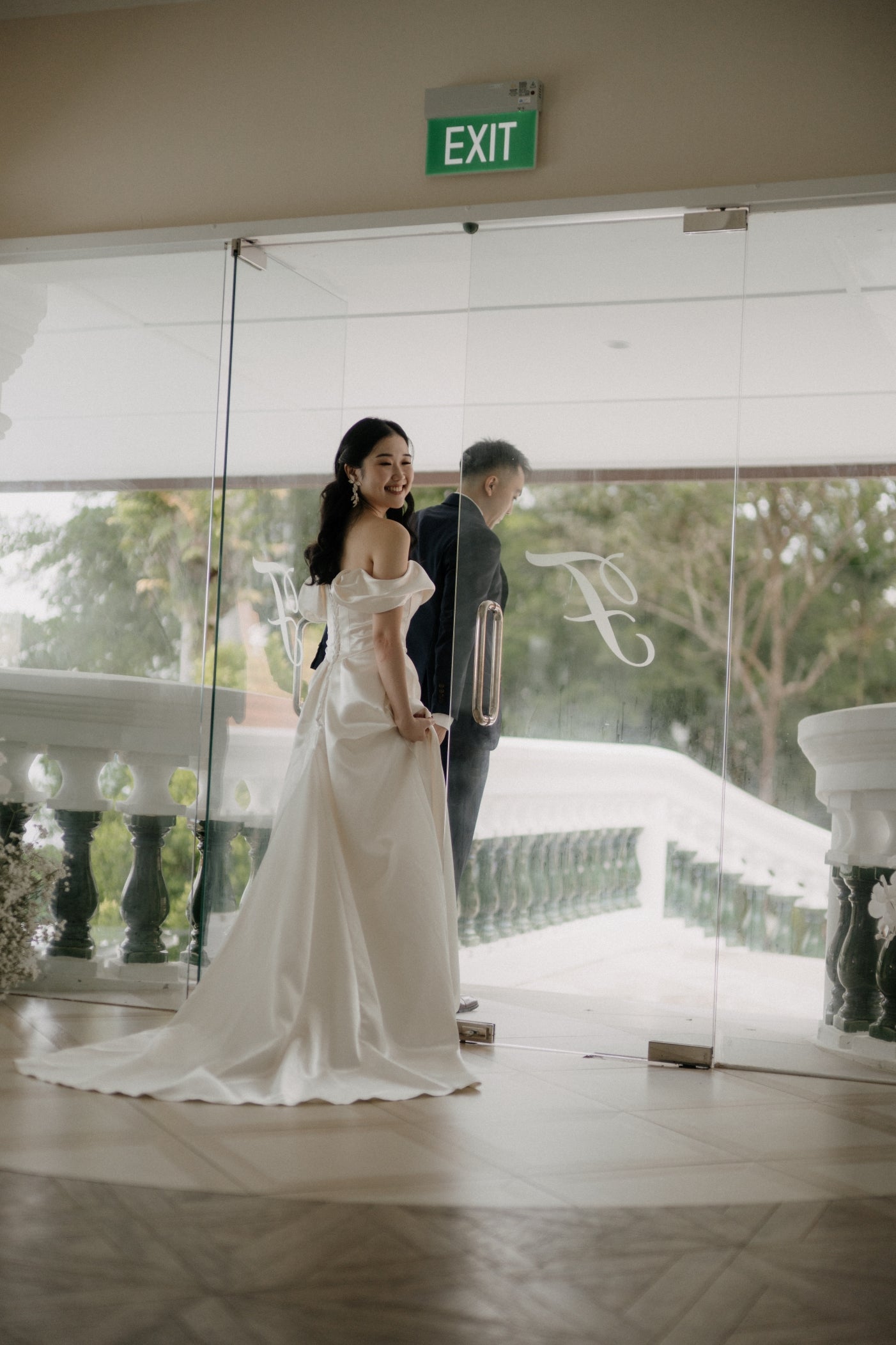 Sloane Off-the-Shoulder Ivory Satin A-Line Wedding Dress with Pockets | Bone and Grey Bridal | Affordable Minimal Wedding Dresses Online Canada USA Singapore